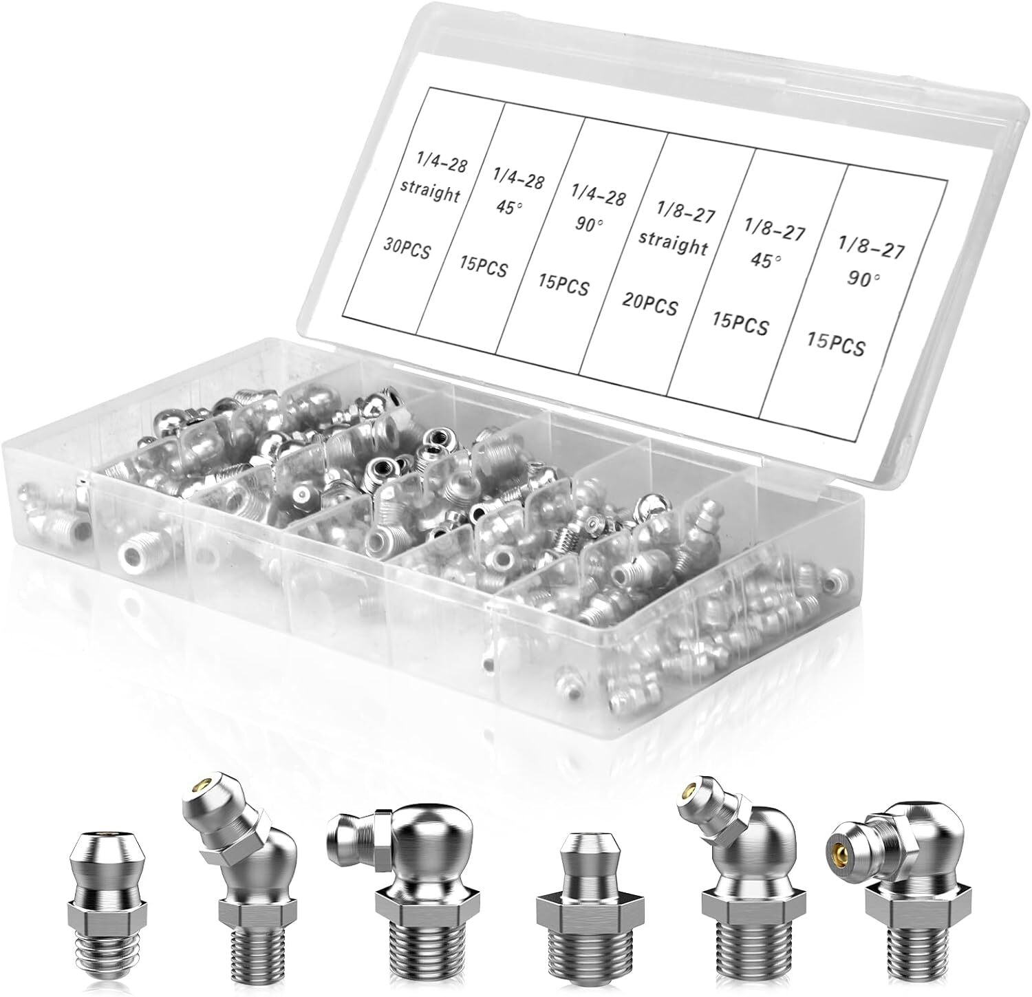 OYMLANX 110Pcs Hydraulic Grease Fittings Assortment Kit SAE Zerk Fittings 1/4 OYMLANX 110Pcs Hydraulic Grease Fittings Assortment Kit SAE Zerk Fittings 1/4