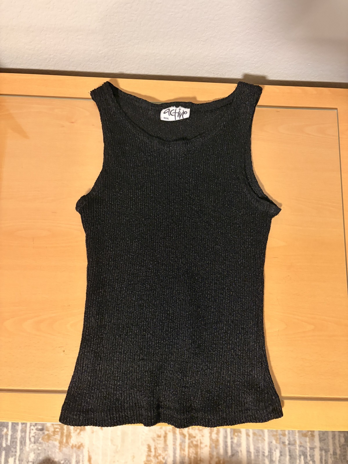 ACTIVE USA Black Glitter Thread Ribbed Knit Sleeveless Tank Top Vintage 90s Y2K