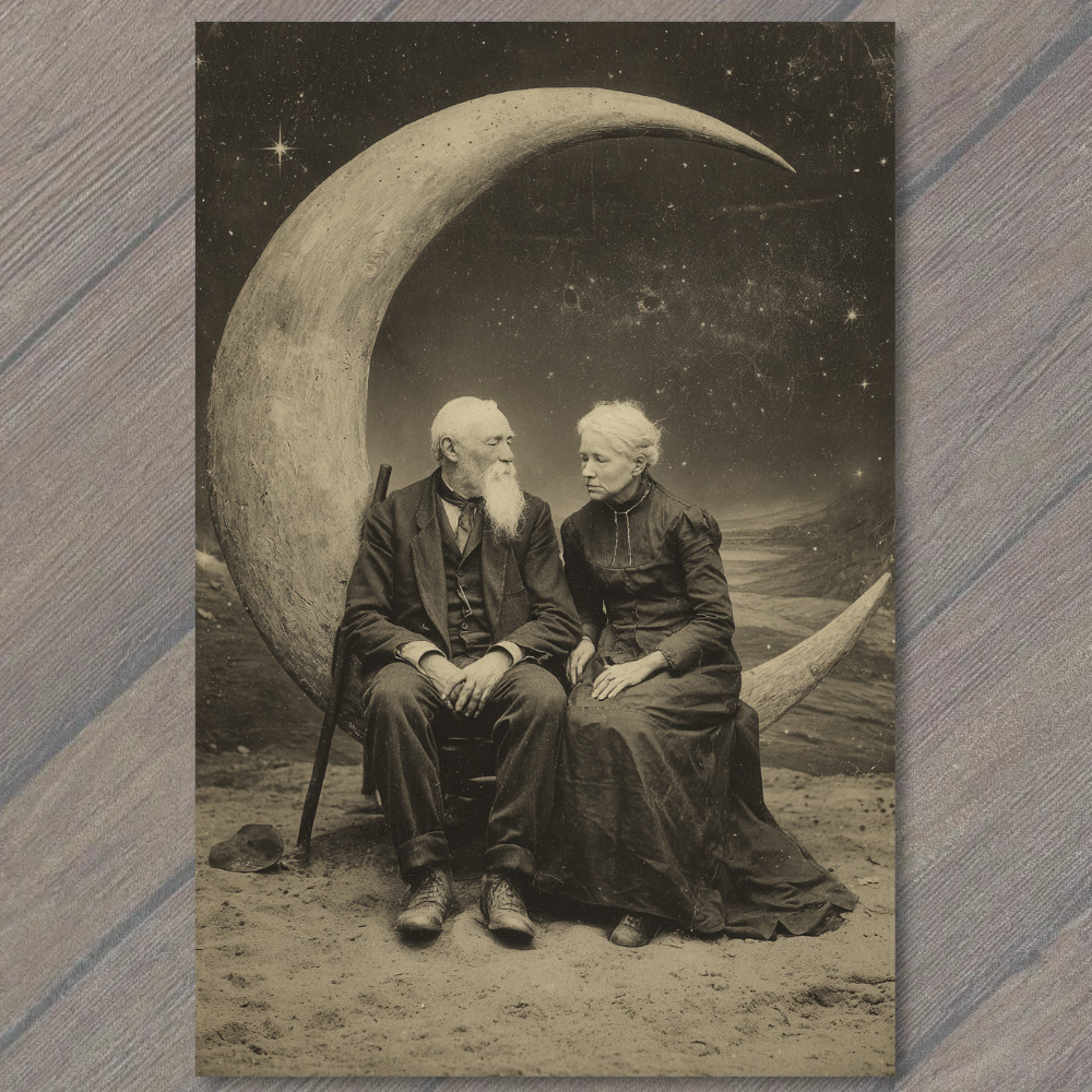 POSTCARD Elderly Couple Crescent Moon Surreal Night Love Timeless Romance