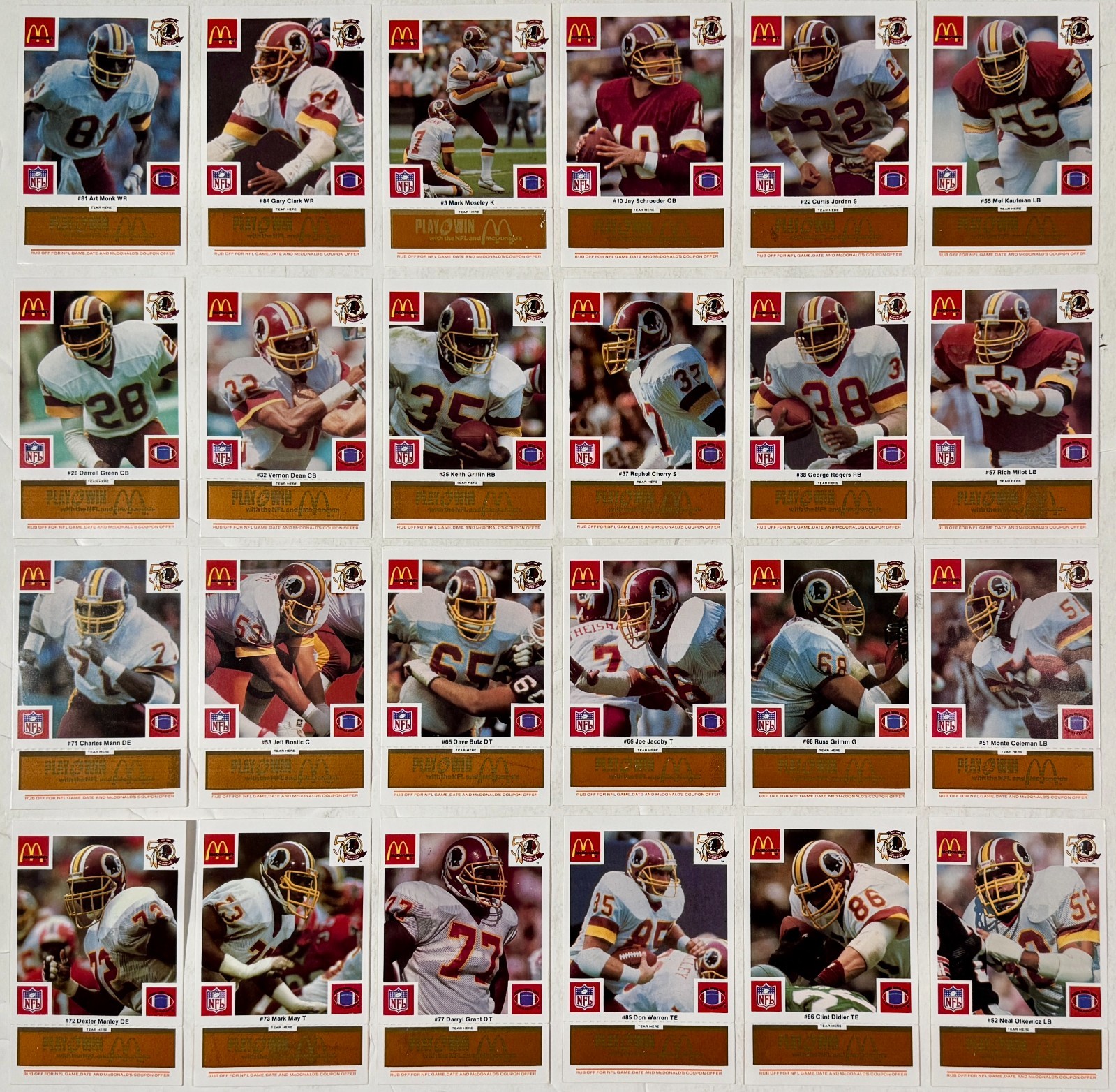 1986 McDonalds Play & Win Redskins NFL Football Trading Cards Promo Set of 24
