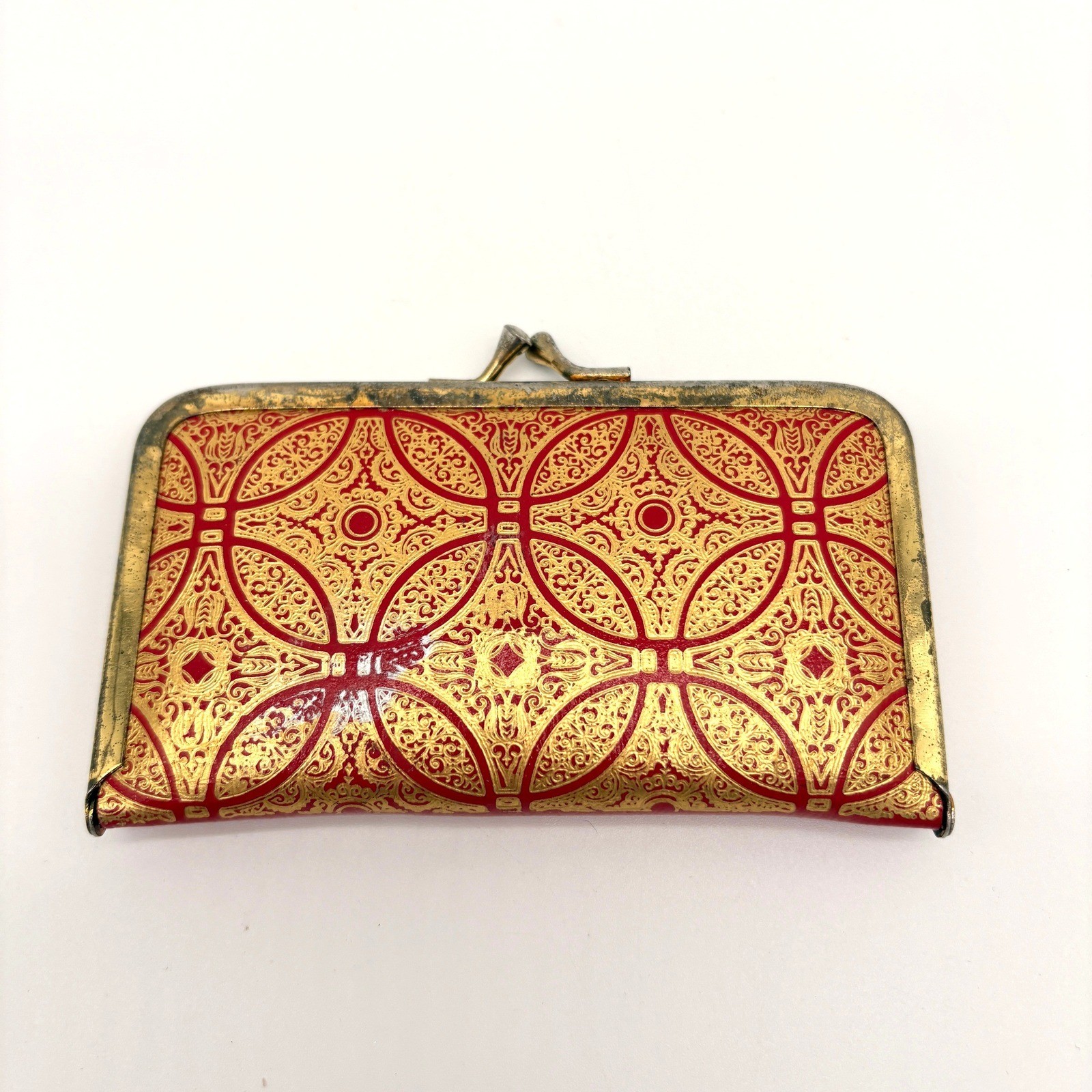 Vintage Red Gold Filigree Manicure Set Kiss Lock Case Retro Travel Grooming Kit