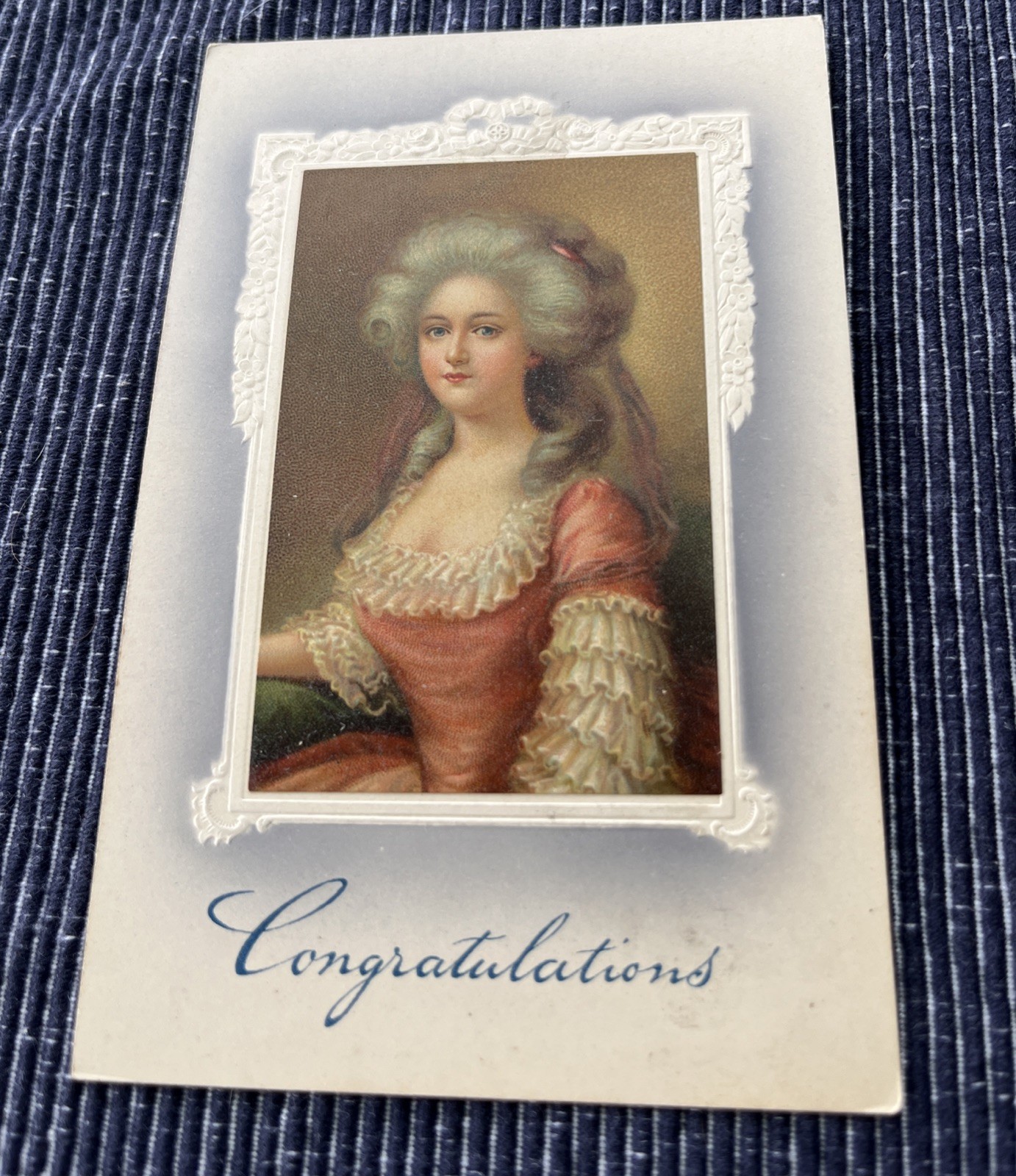 c1910's Congratulations Pretty Victorian Girl Lady Embossed Postcard Wig Dress