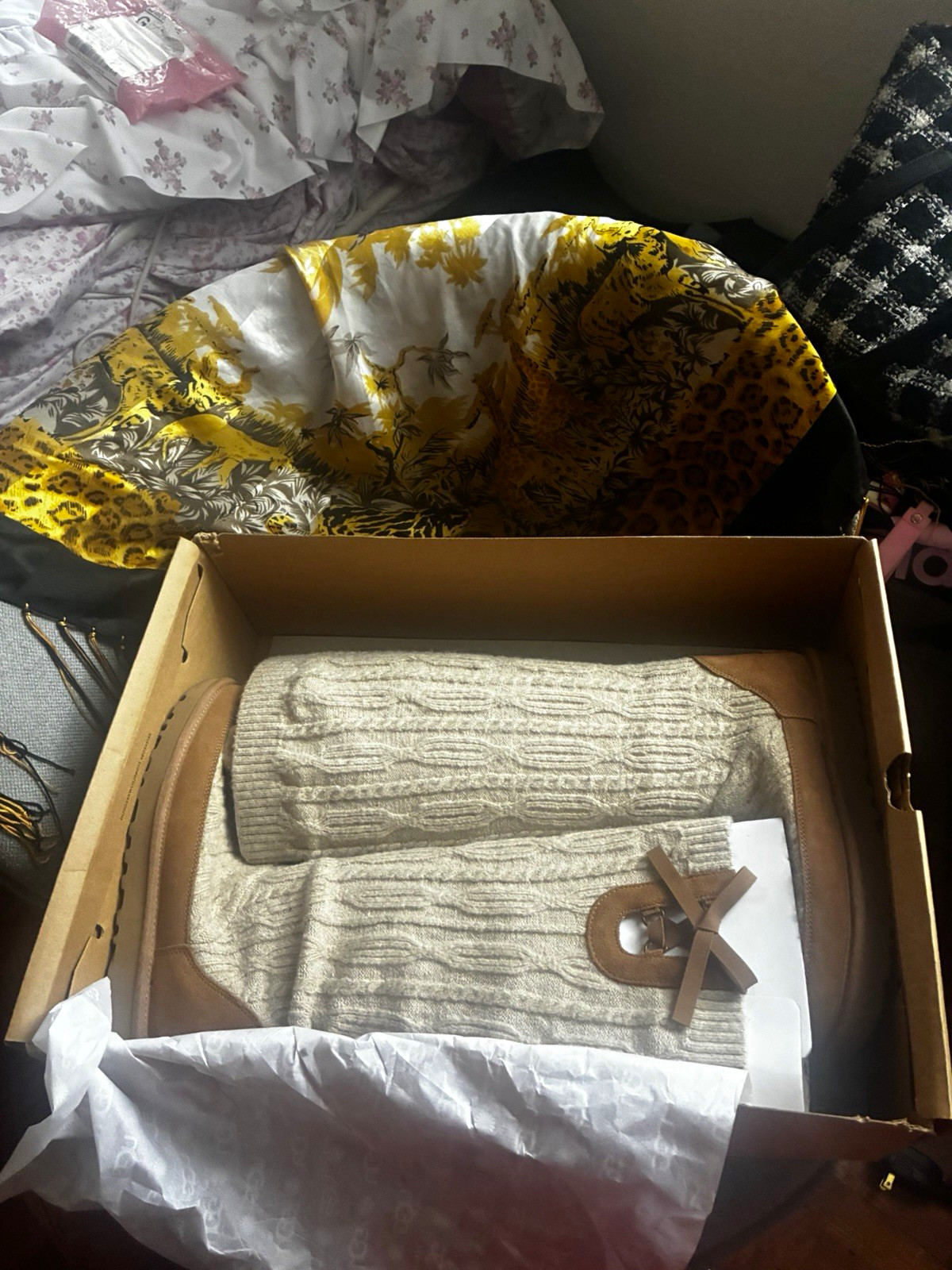 UGG Classic Tall Cabelle Cable Knit Knee High Suede Pull On Boots Beige 8