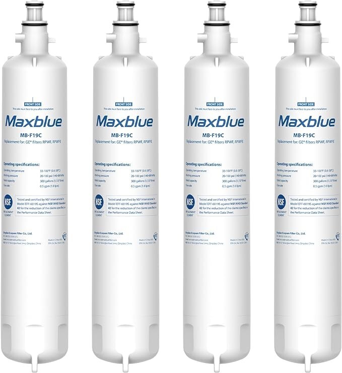 Maxblue Refrigerator Water Filters, Replacement for GE® RPWFE (With Chip), (4)