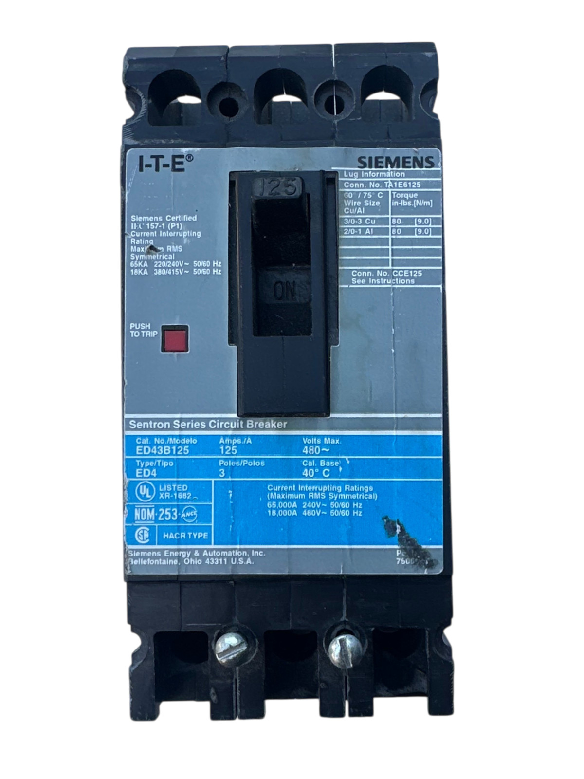 Siemens Sentron™ ED43B125 Molded Case Circuit Breaker | 125A | 3-Pole | 480VAC |