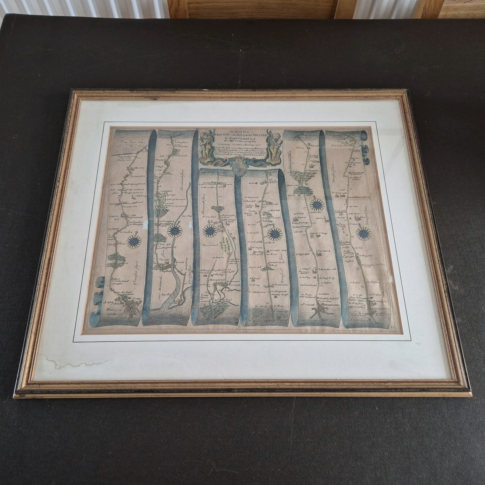 Interesting Early Antique Road Map Bristol To Chester Glazed Frame