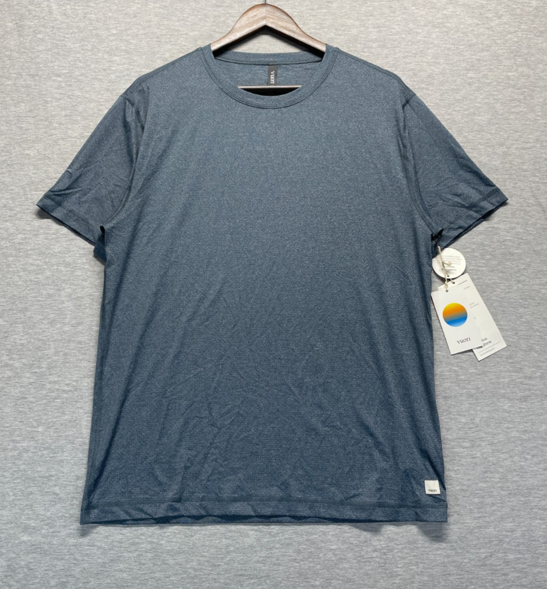 Vuori Strato Tech T Shirt Men Large Heather Blue Short Sleeve Crew Neck Athletic