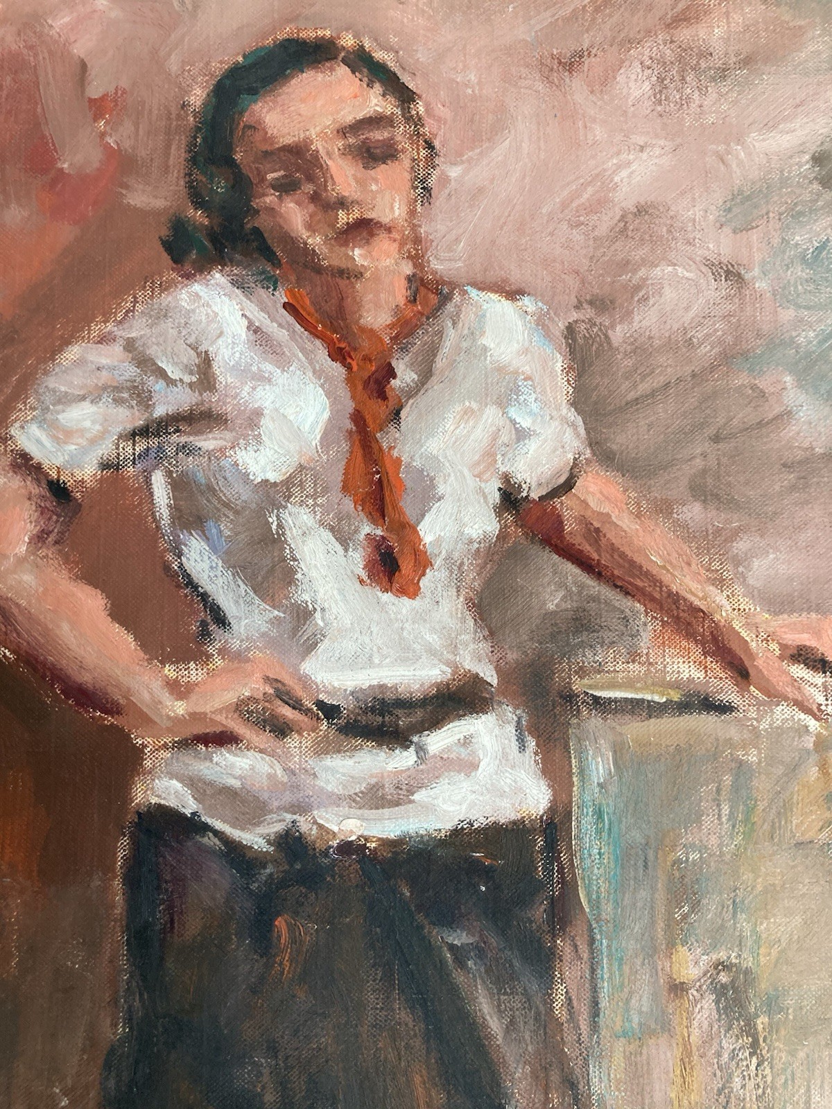 Belle Painting Oil Portrait Woman Standing 1980 Art to Identify Expressionism