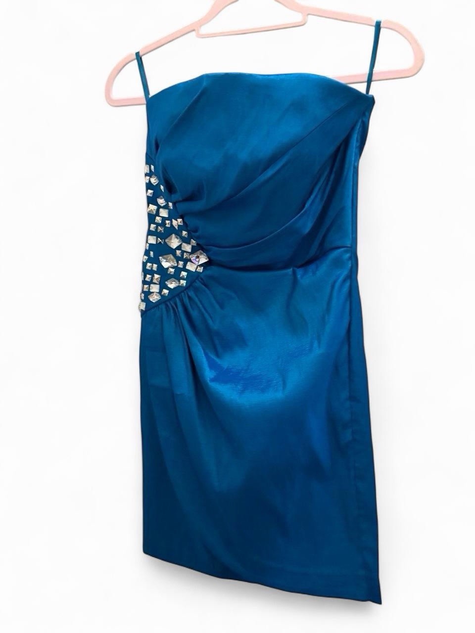 Vintage Y2K Teal Blue Satin Rhinestone Mini Dress Size 6 Party Cocktail Vintage Y2K Teal Blue Satin Rhinestone Mini Dress Size 6 Party Cocktail
