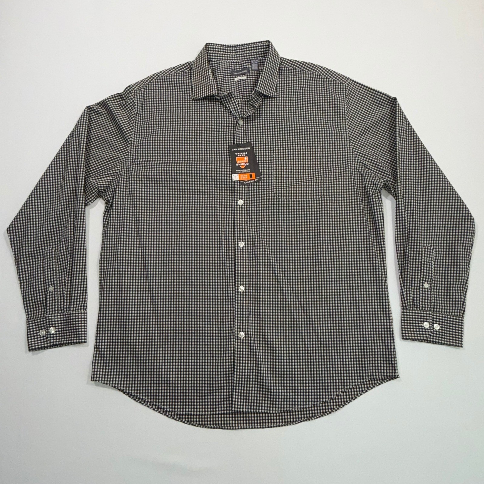 Van Heusen Shirt Men XL NWT Black Gingham Check Stain Shield Wrinkle Free Office
