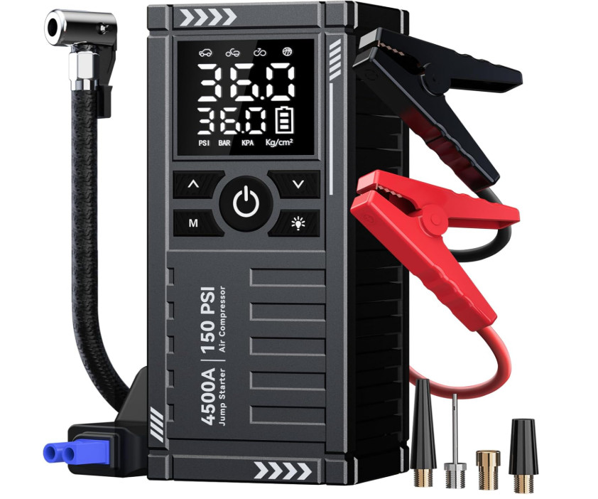 Arrancador de batería 4500A con compresor de aire y cables 12V