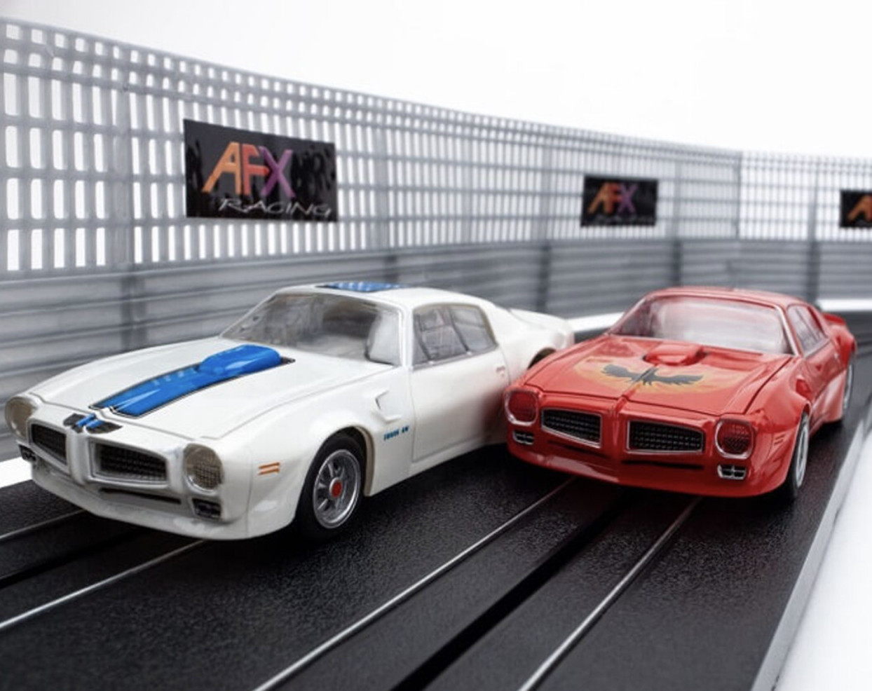 NEW AFX Mega-G+ 1970 Pontiac Firebird Trans Am White/Blue & 1973 Red HO Slot Car