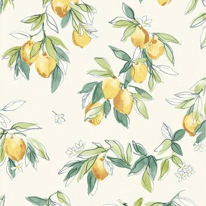Wallpaper Lemonade Citrus Watercolor Lemons Green Leaves Blossoms on White