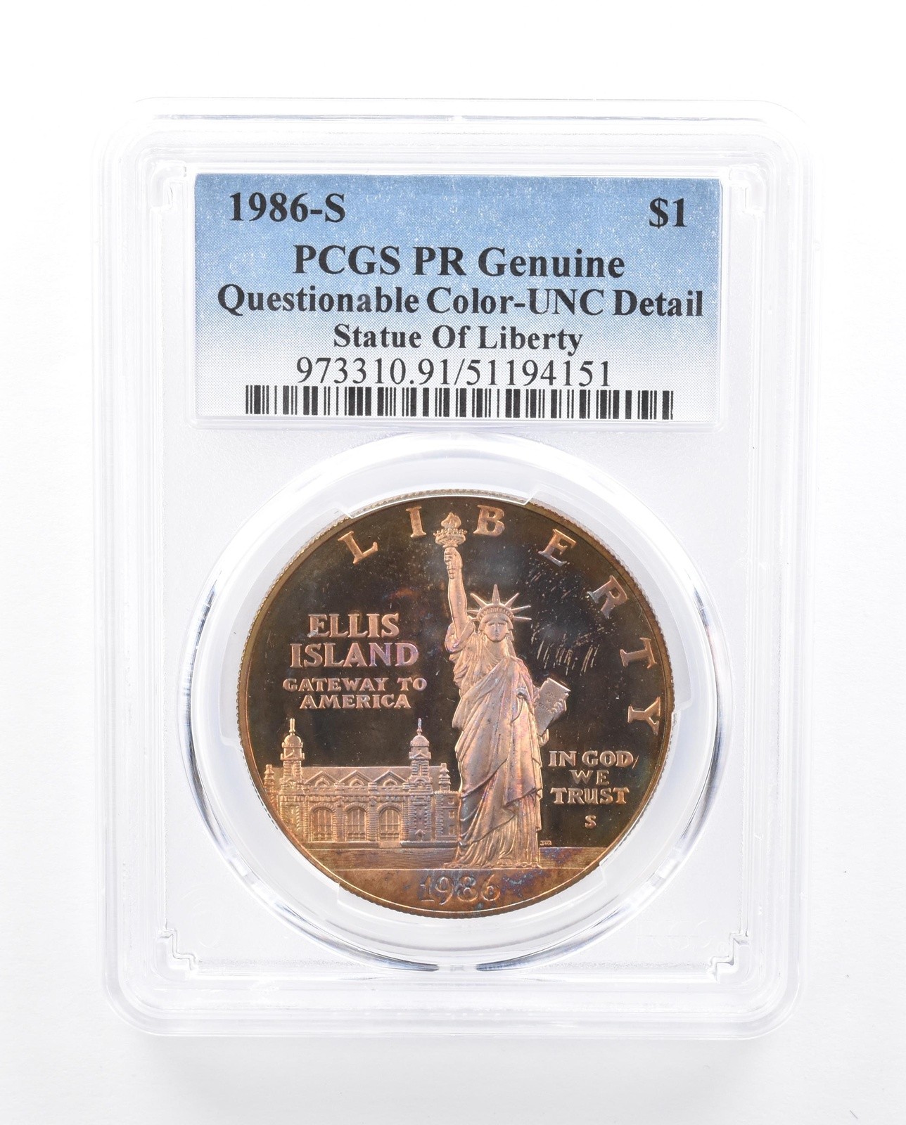 1986-S Statue Of Liberty Commemorative Dollar PCGS Rainbow Toned Genuine *5332