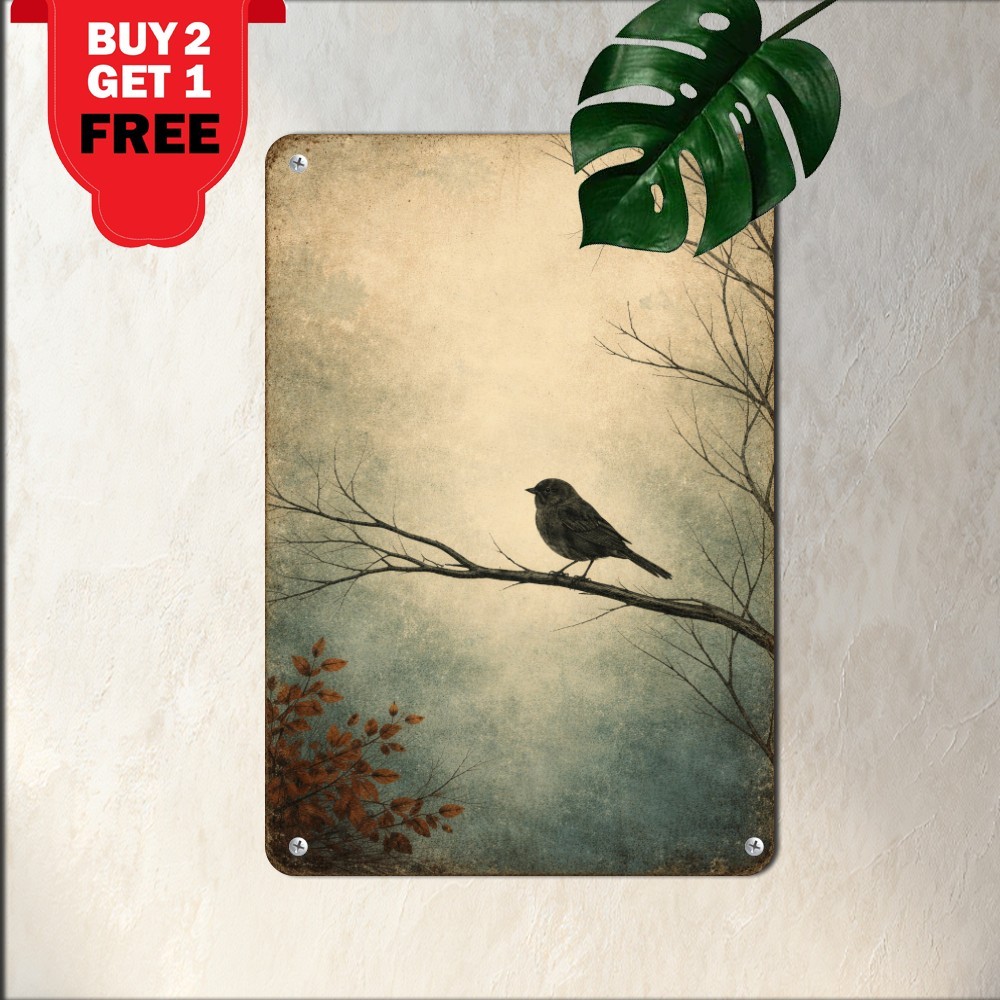 Songbird Resting On Branch Sign 8x12 Rustic Nature Botanical Metal Tin Plaque