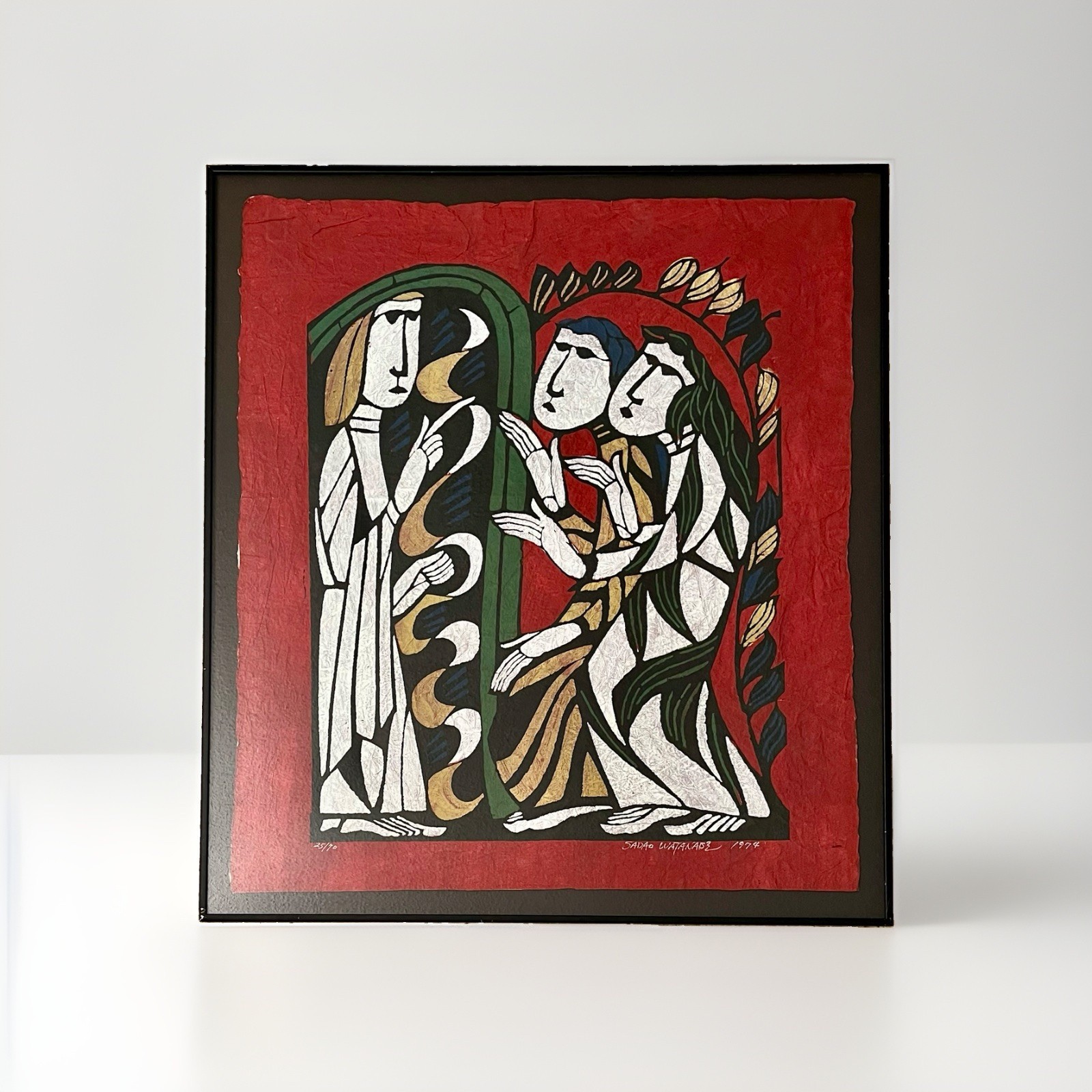 SADAO WATANABE Masterpiece Large Original Japanese Stencil Print Framed 28” H