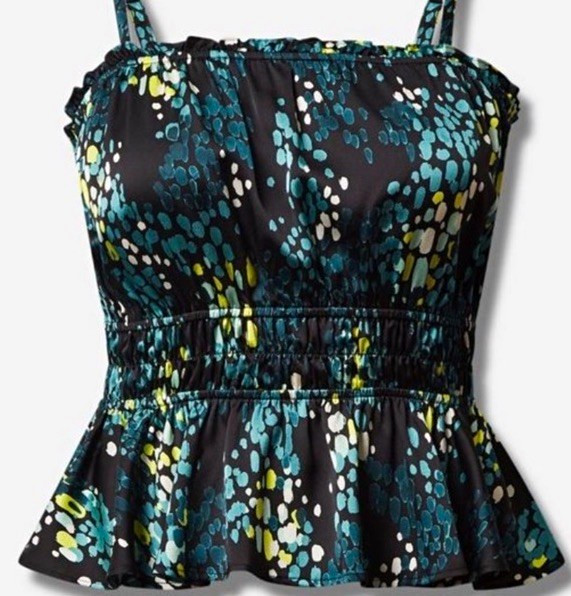 Torrid Plus 1 Black Abstract Square Neck Satin Smocked Ruffle Peplum Tank
