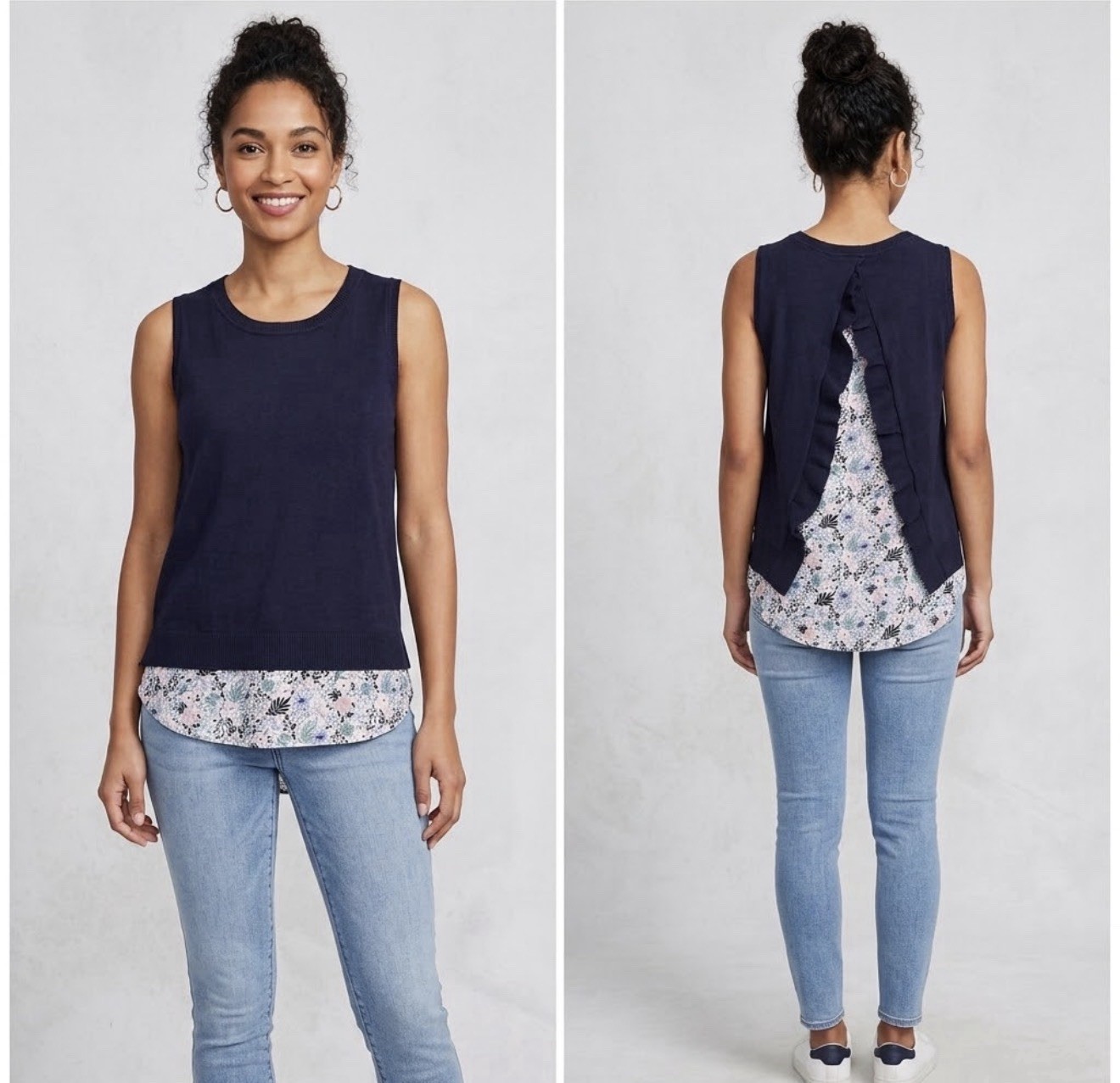 Loft Outlet Shirt Women\'s XS Blue Floral Ruffle Back Sleeveless Flowy Tank