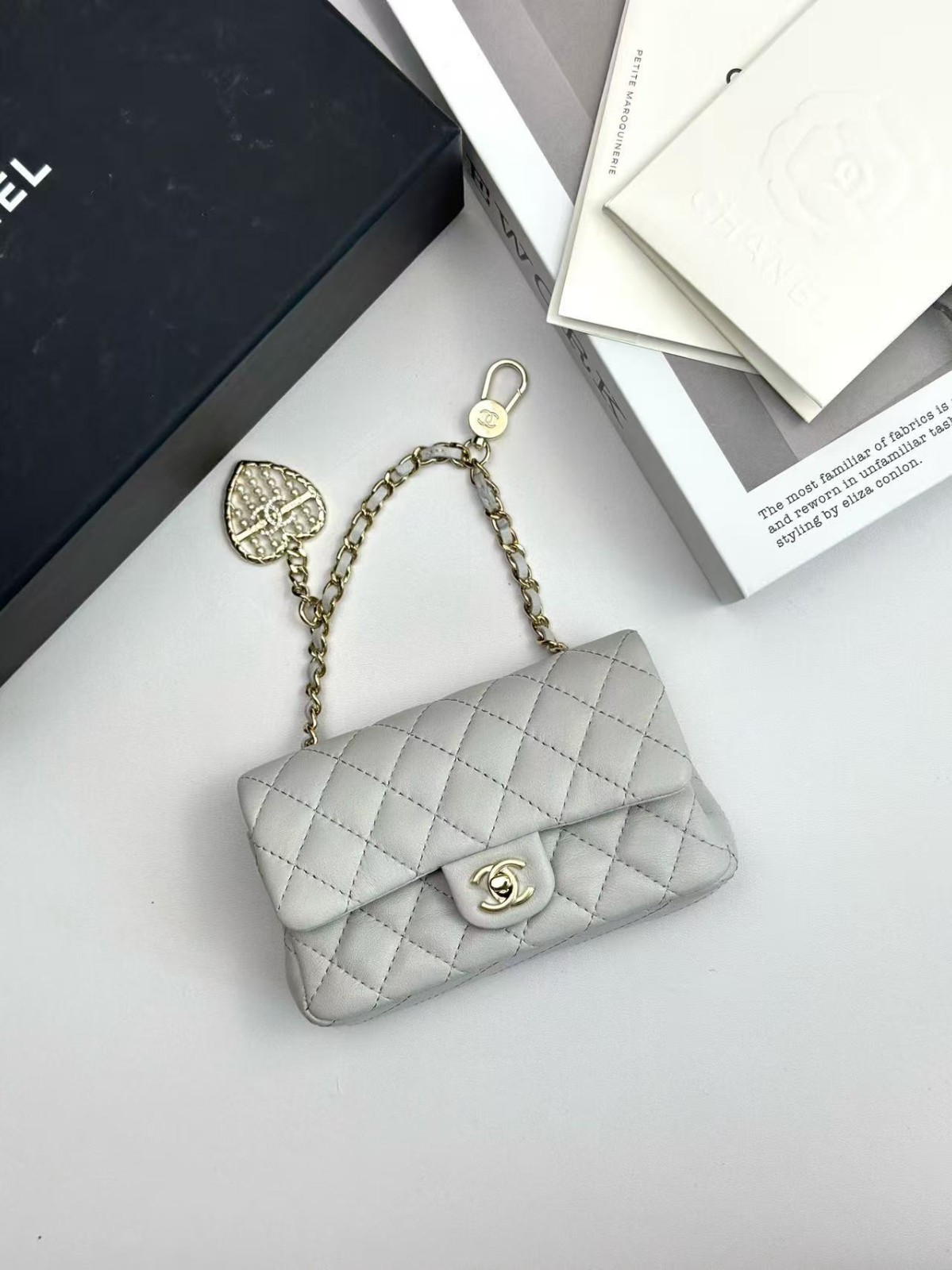 Chanel 25A Mini CF Pearl Heart Charm Bag Light Grey Handbag
