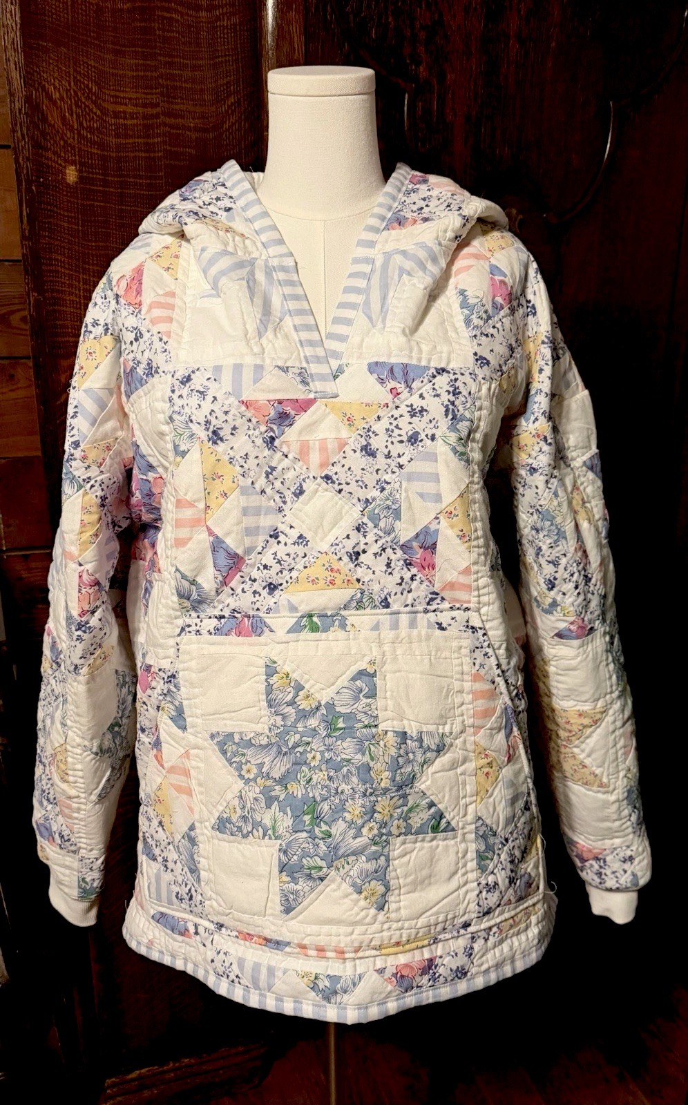 Vintage Quilt Pullover Jacket Hoodie Handmade Upcycled Wearable Art Cottagecore