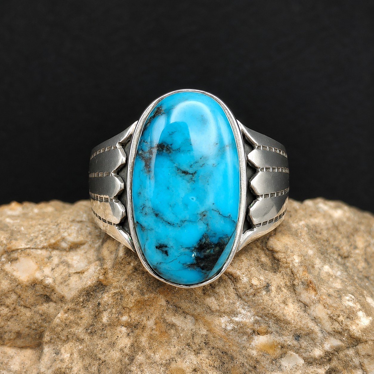 Leonard Marian Nez Navajo Sterling Silver Turquoise Ring Signed Men\'s Sz 12