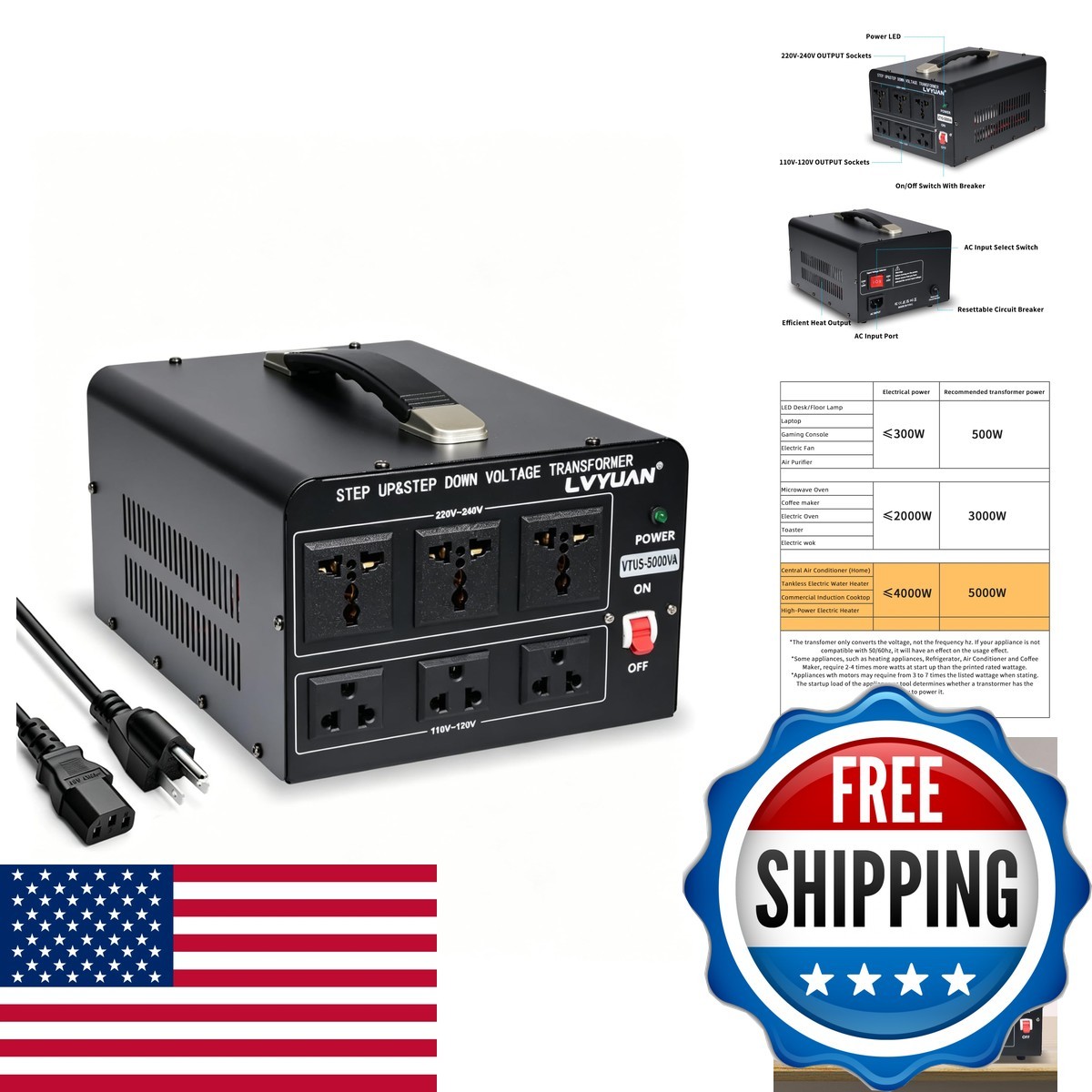 LVYUAN 5000W Voltage Converter Transformer 110V-240V 3 US 3 Universal Outlets LVYUAN 5000W Voltage Converter Transformer 110V-240V 3 US 3 Universal Outlets