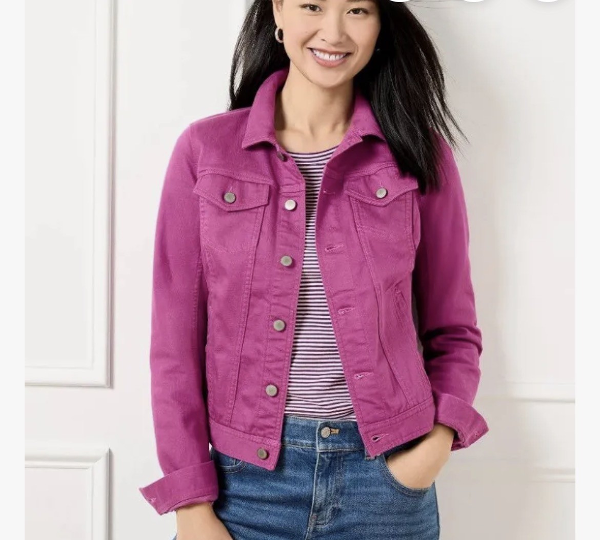Talbots Women\'s Preppy Fuchsia Denim Jacket XL Stretch Cotton Button Front Talbots Women\'s Preppy Fuchsia Denim Jacket XL Stretch Cotton Button Front