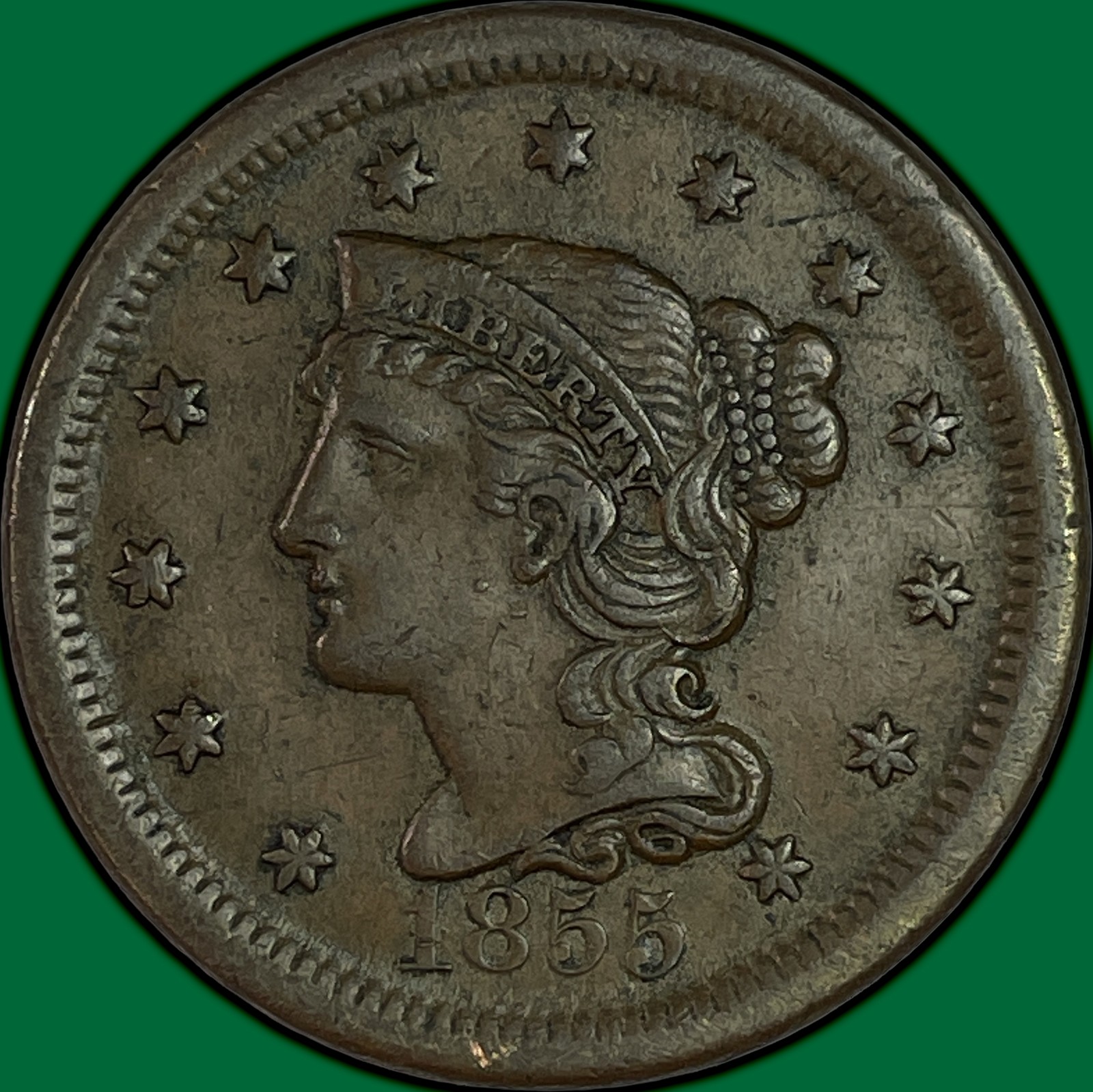1855 Braided Hair Large Cent Almost Uncirculated AU Coin #45428