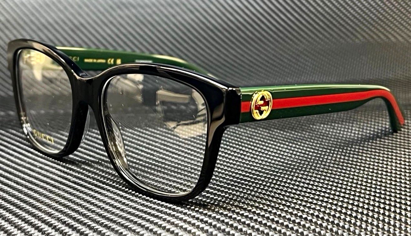 Gucci Rectangular Full Rim Plastic Eyeglasses Black Striped Temples 54-17 Gucci Rectangular Full Rim Plastic Eyeglasses Black Striped Temples 54-17