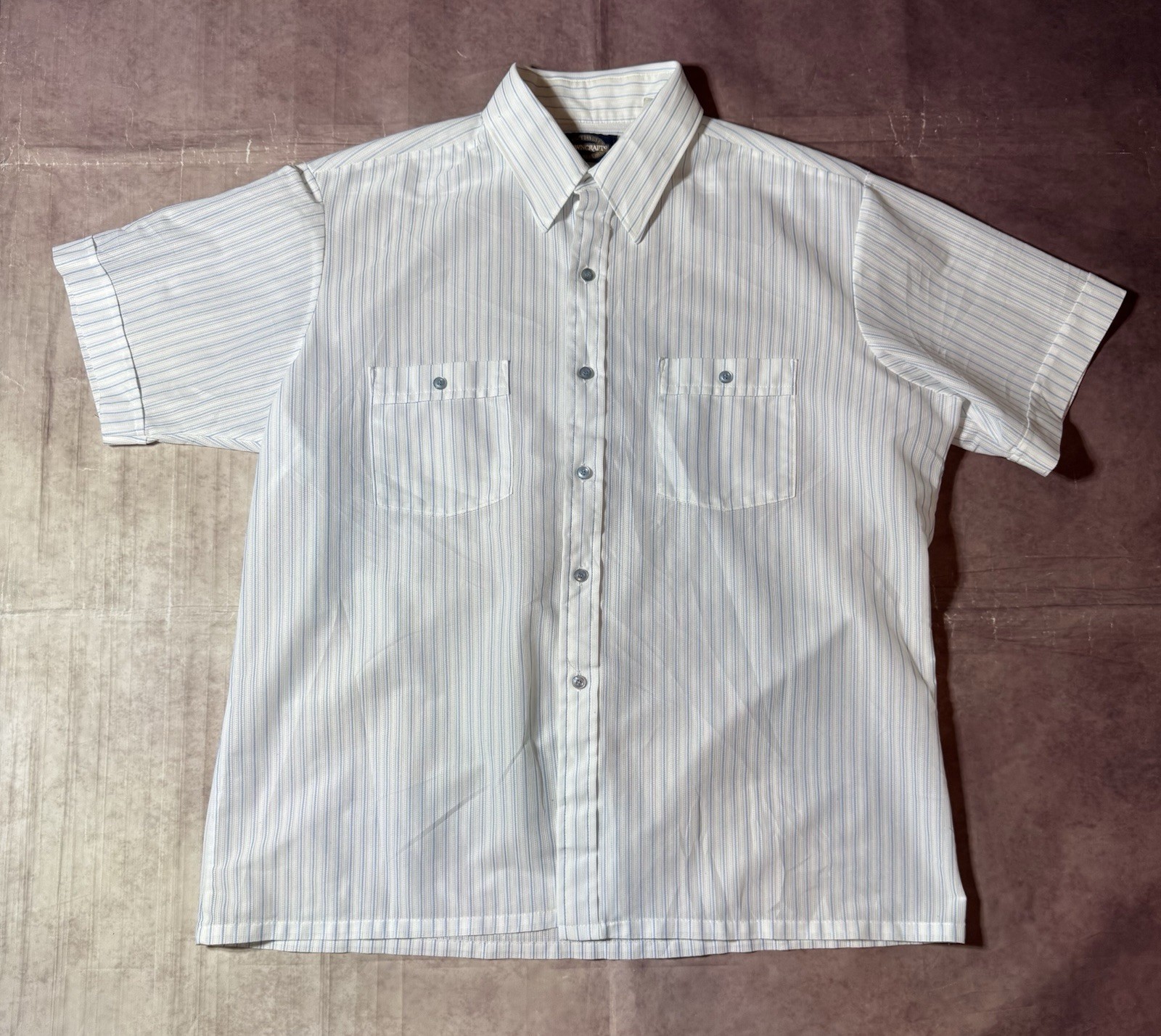 Vtg 80s Towncraft Polyester Rayon Button Up Short Sleeve Shirt Thin Stripe USA