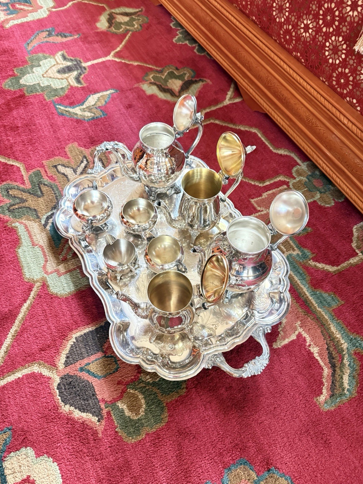 Antique Silverplate Tea & Coffee Set on Tray Antique Silverplate Tea & Coffee Set on Tray