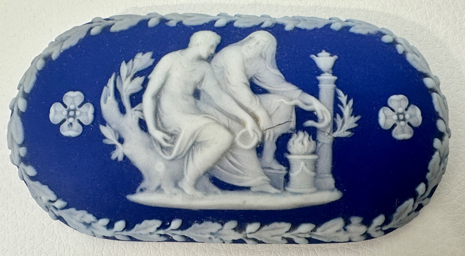 Antique Wedgwood Cobalt Jasperware Oval Matchbox Aesculapius Greco Roman