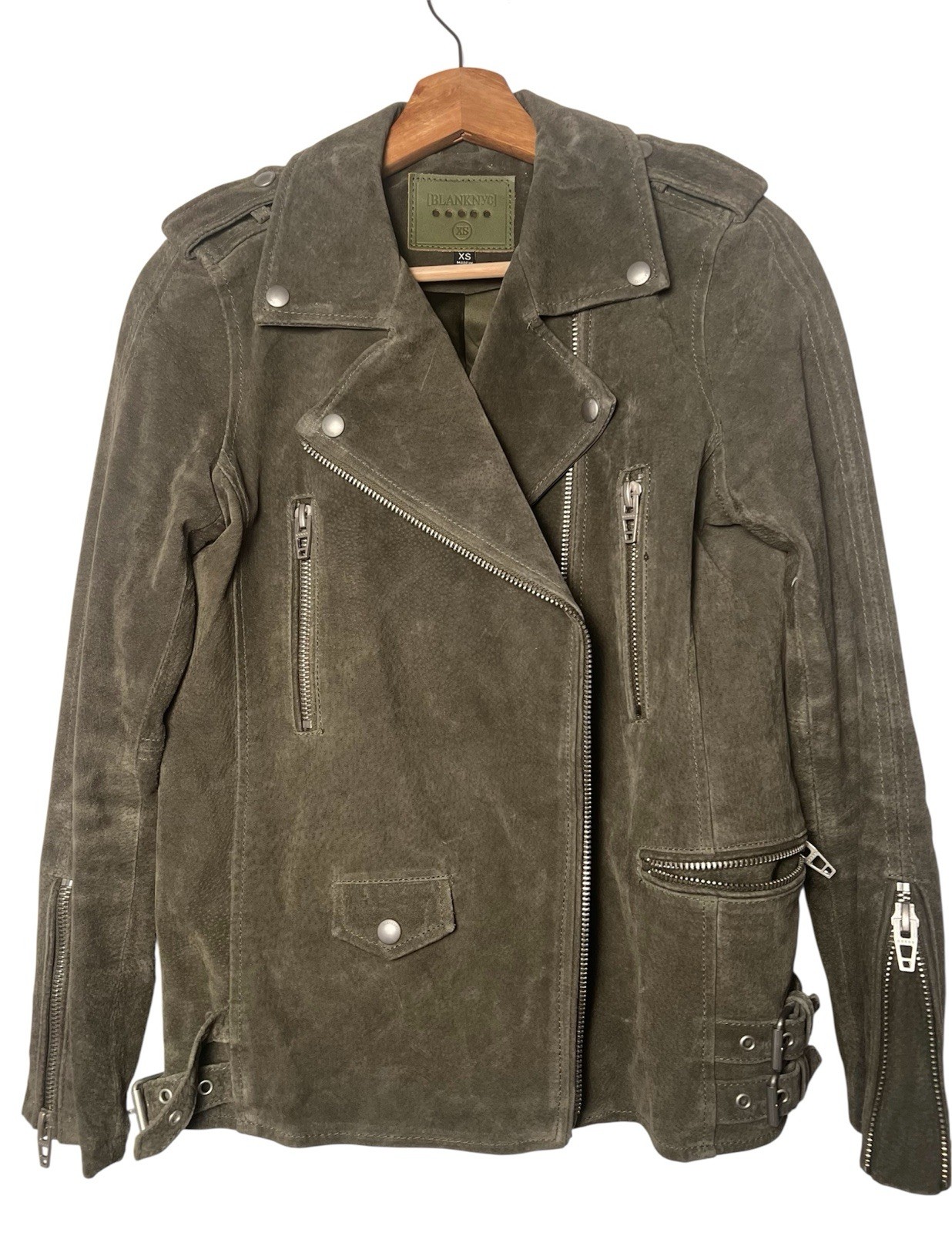 BLANKNYC Jacket XS Suede Olive Green Zip Snap Moto Lined Biker