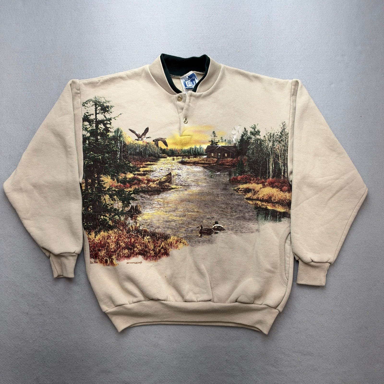 Art Unlimited Sweatshirt Mens Medium Tan Vintage Cabin Nature Scene USA