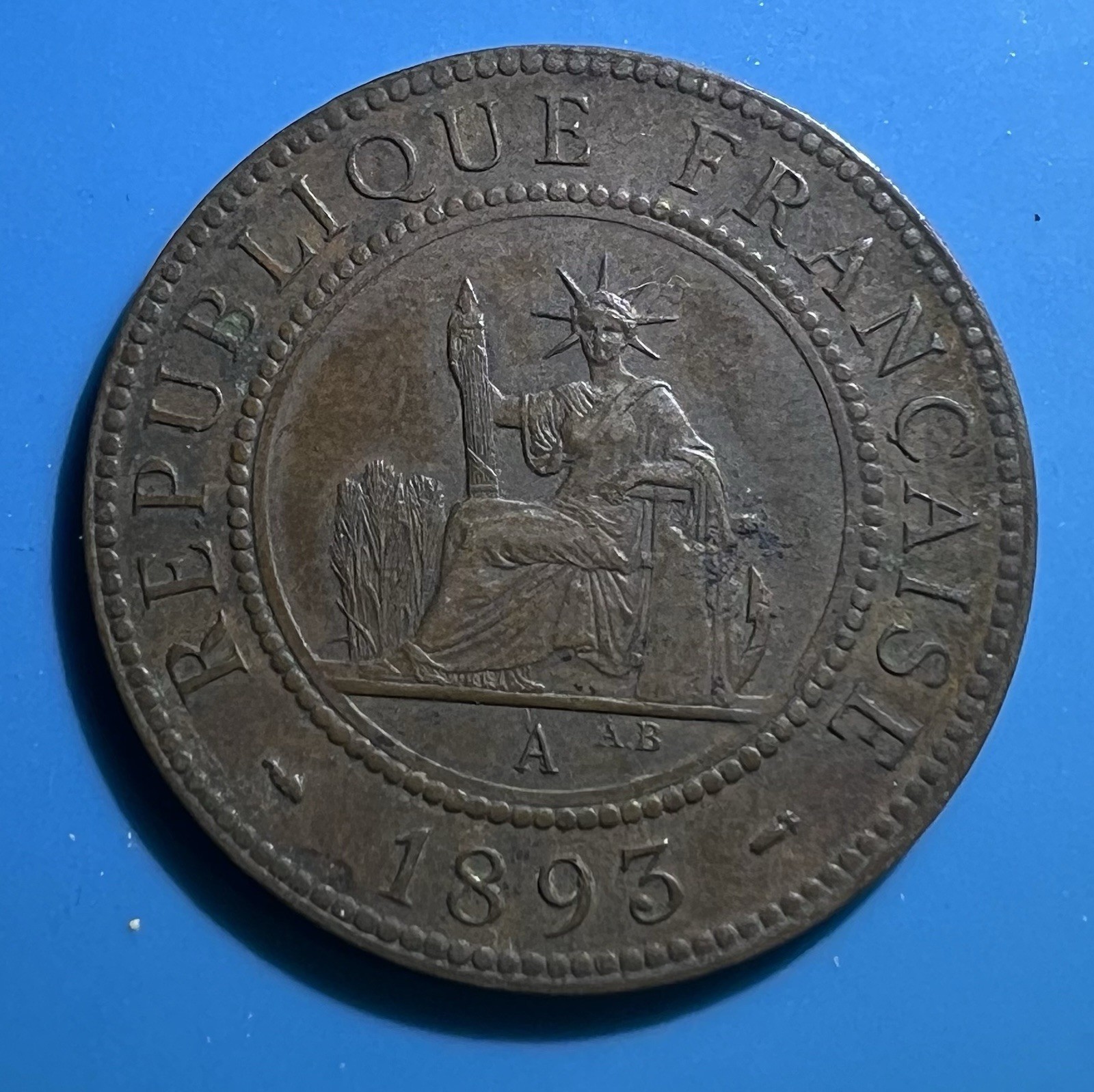 1893 A French Indochina 1 Cent Coin Bronze Colonial Vietnam KM#1