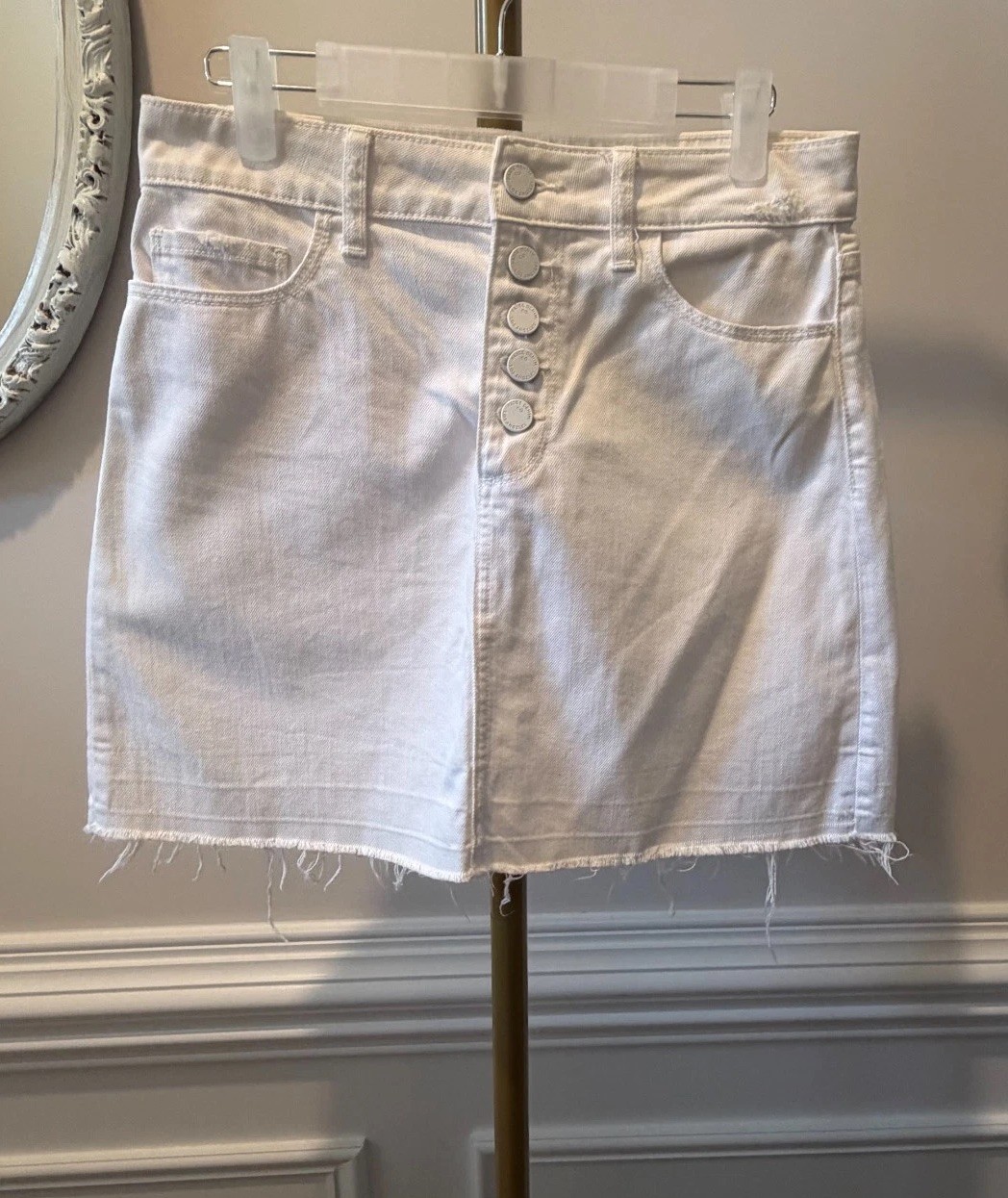Paige Aideen White Button Front Raw Hem Denim Skirt Excellent