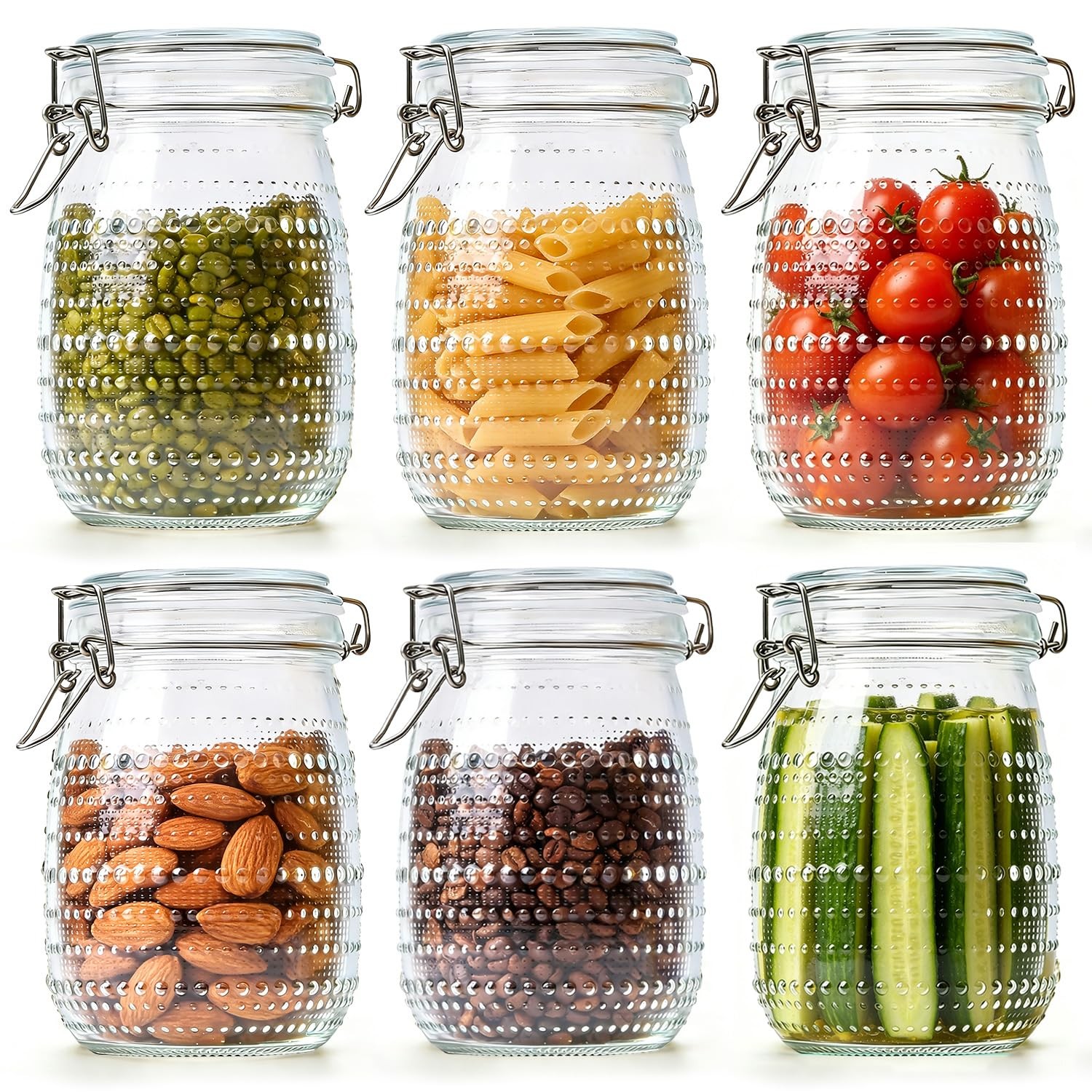 ComSaf Glass Pantry Jars with Airtight Lids 34 oz 6 Pack Wide Mouth Hobnail