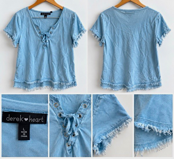 Derek Heart Womens Large Blue Lace Up Top Frayed Hem Short Sleeve Boho Shirt