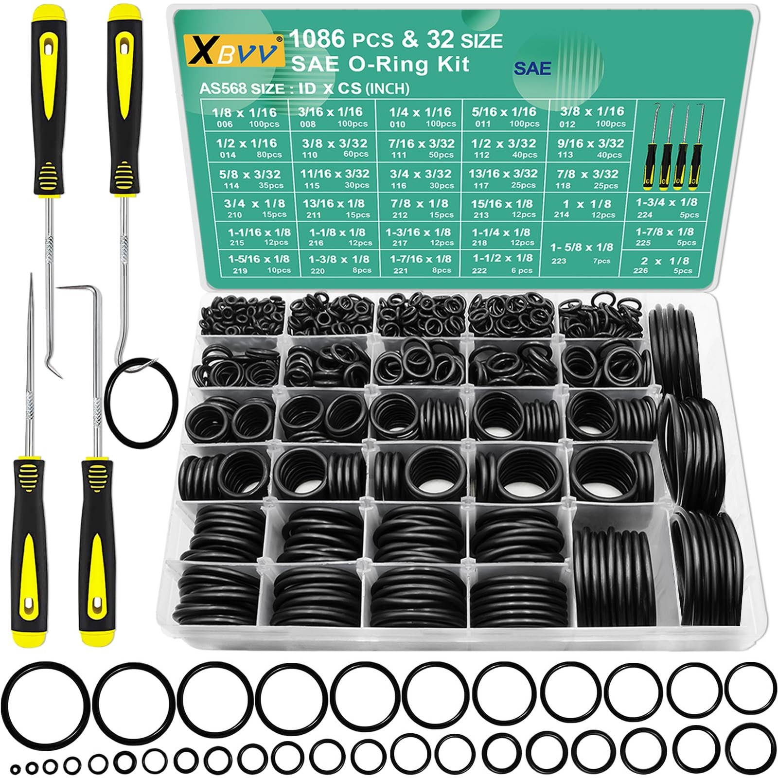 XBVV 1086 Pcs 32 Size SAE O Ring Assortment Kit Standard Buna-N 32, Black