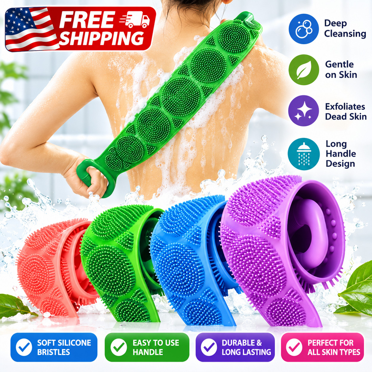 Silicone Body Back Scrubber Double Side Bathing Brush For Skin Deep Cleaning