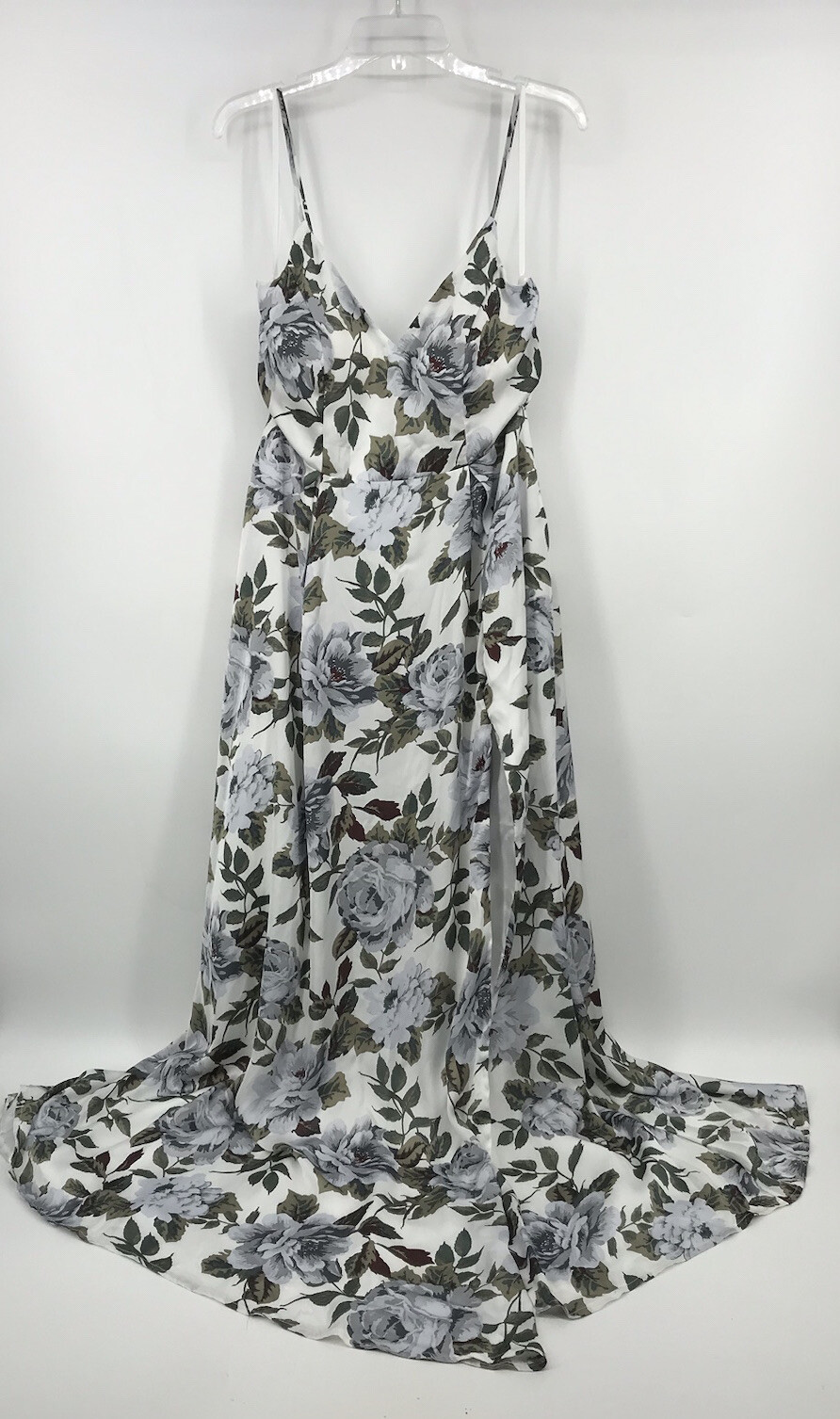 Windsor Satin Floral Maxi Dress Blue White Green Sleeveless Size Large EUC