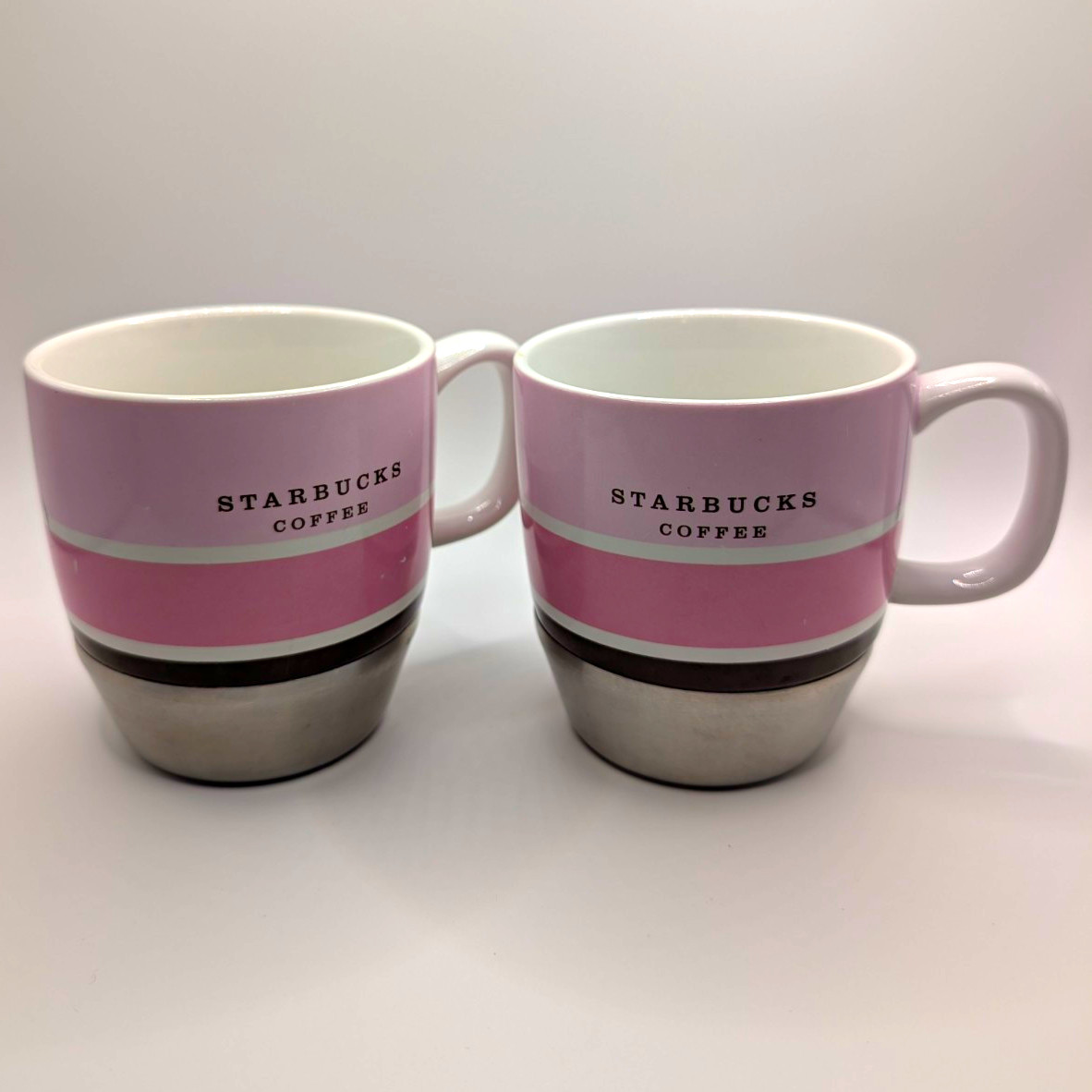 Starbucks Coffee & Tea Pink White Silver Base Mug Set of 2 10 fl oz 2007