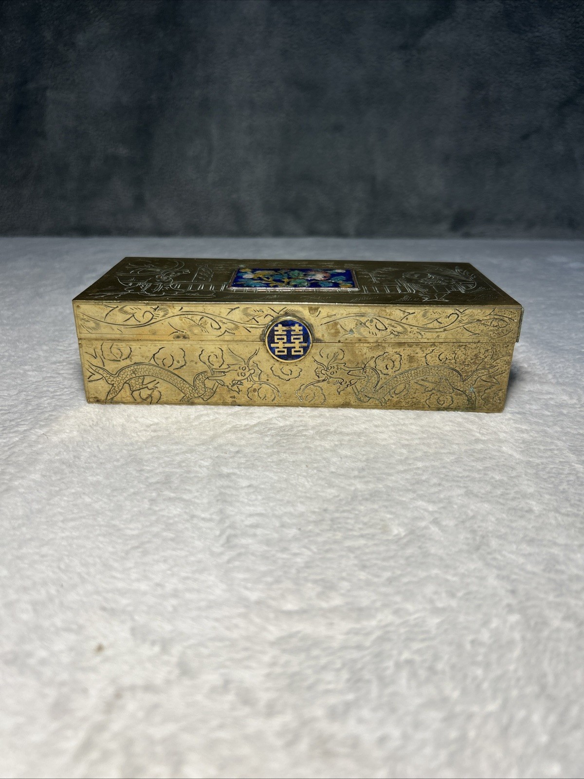 VTG Chinese Brass & Cloisonne Antique Stamp, Jewel, Dressor Box Wooden Inside VTG Chinese Brass & Cloisonne Antique Stamp, Jewel, Dressor Box Wooden Inside