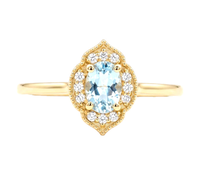 0.78 Ct Natural Aquamarine & Diamonds Vintage Engagement Ring In 14k Yellow Gold