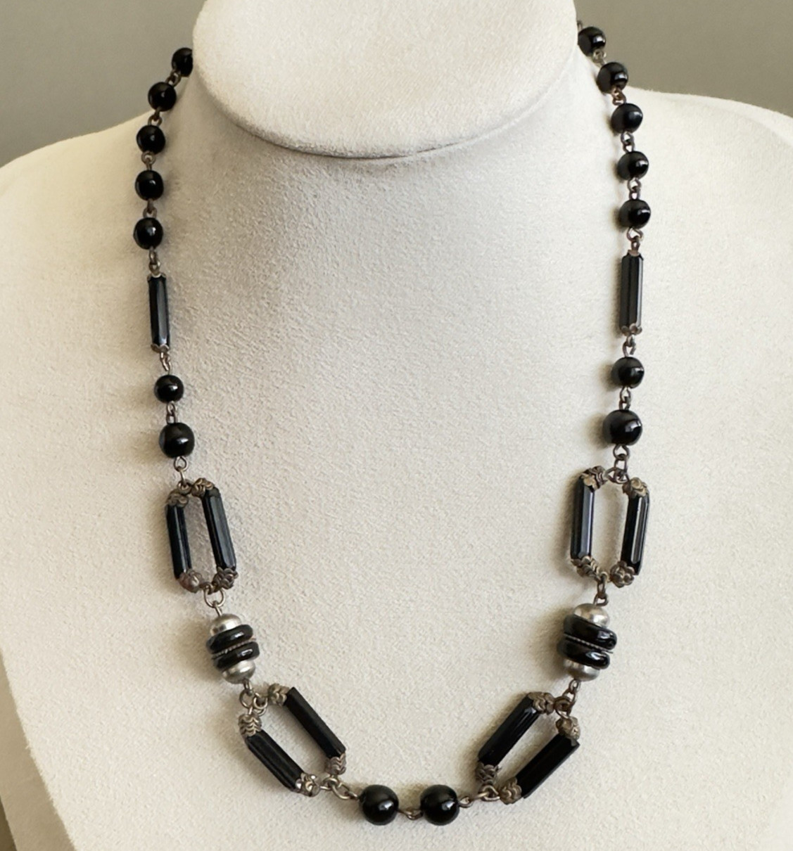 Antique 1920s Signed Czechoslovakia Black Glass Necklace Art Deco Geometric