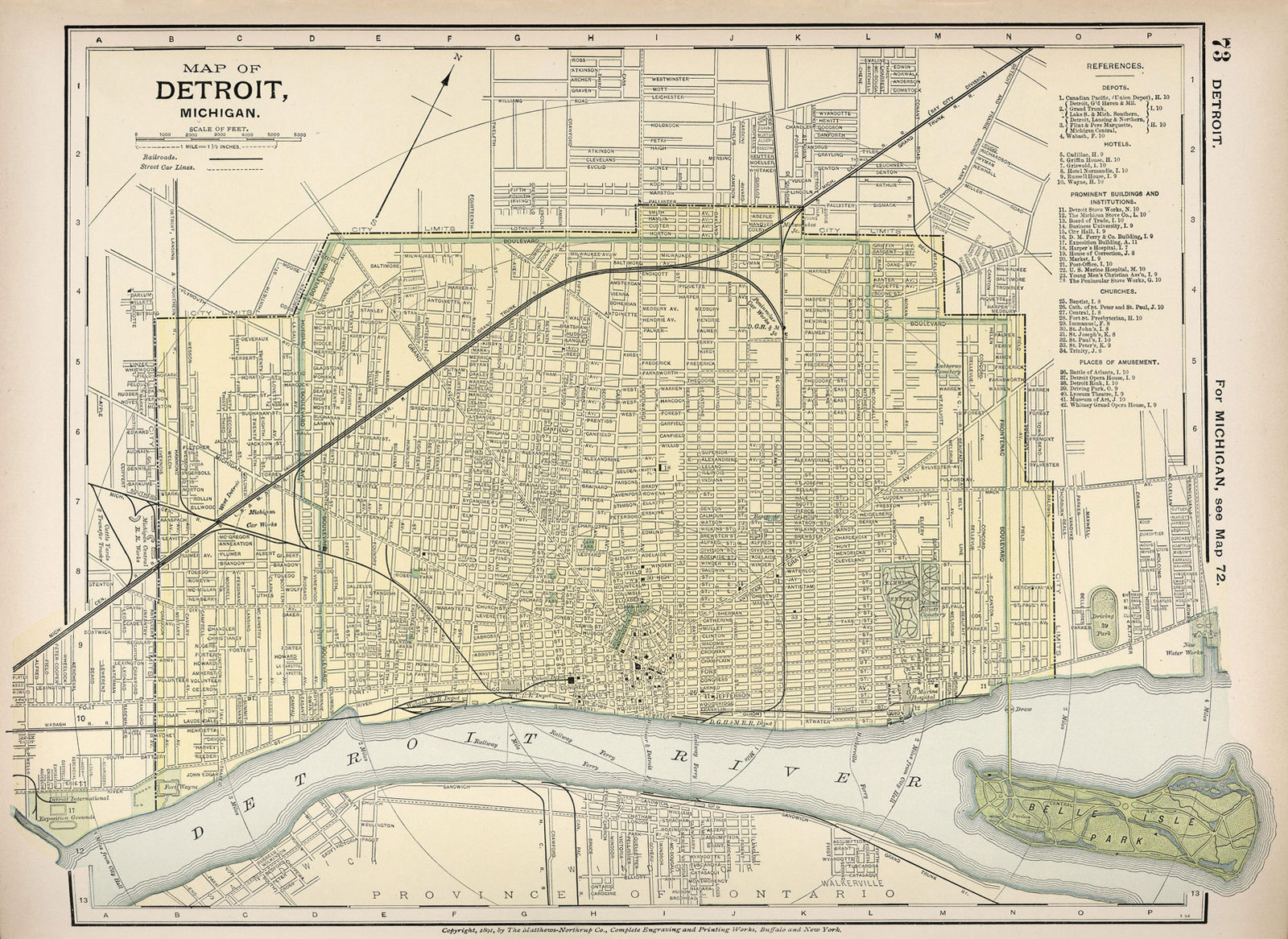 1891 Map Detroit Michigan Vintage Wall Poster Antique Style Ready to Frame Print