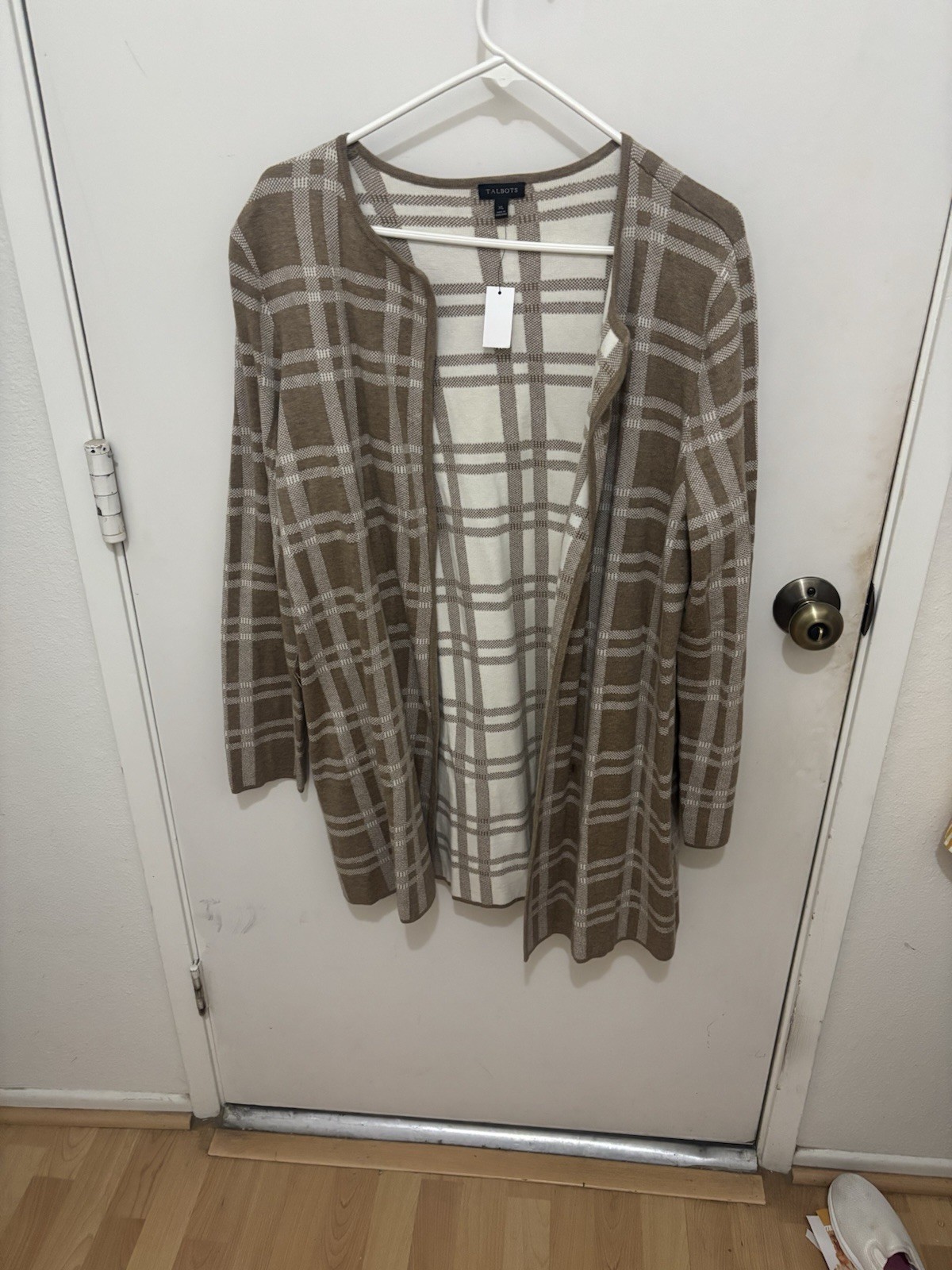 Talbots Cotton Blend Knit Open Front Plaid Cardigan Sweater Brown/Beige XL NWT Talbots Cotton Blend Knit Open Front Plaid Cardigan Sweater Brown/Beige XL NWT