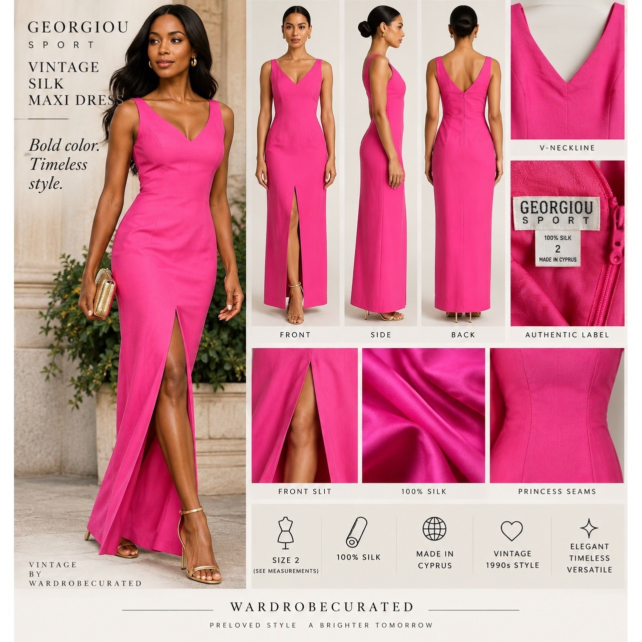 Georgiou Sport Vintage 90s Pink 100% Silk Maxi Dress Slit Cyprus V-Neck 2