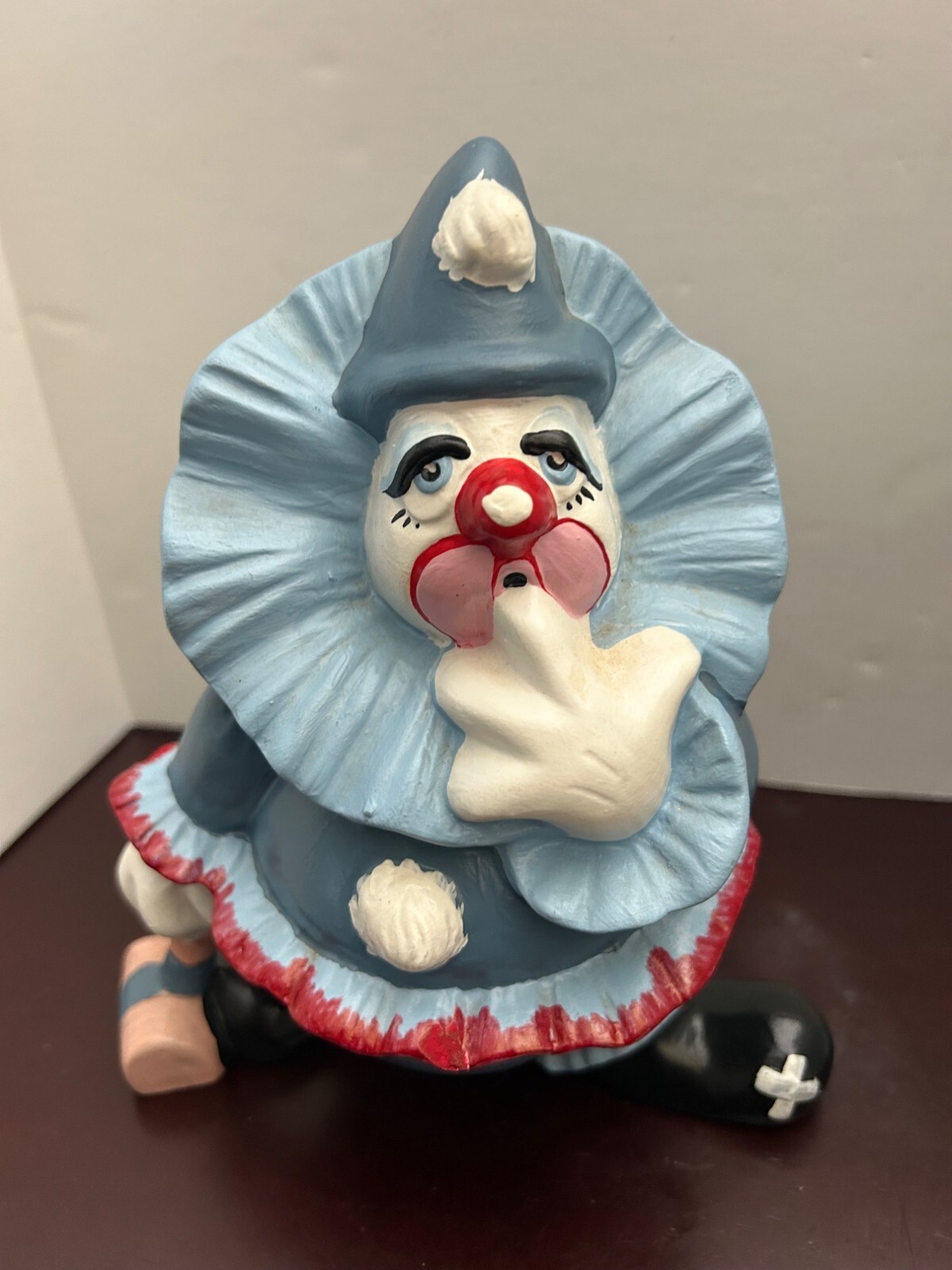 Ceramic Clown Figurine Blue & Red Accents Hand-Painted Collectible Decor Vintage