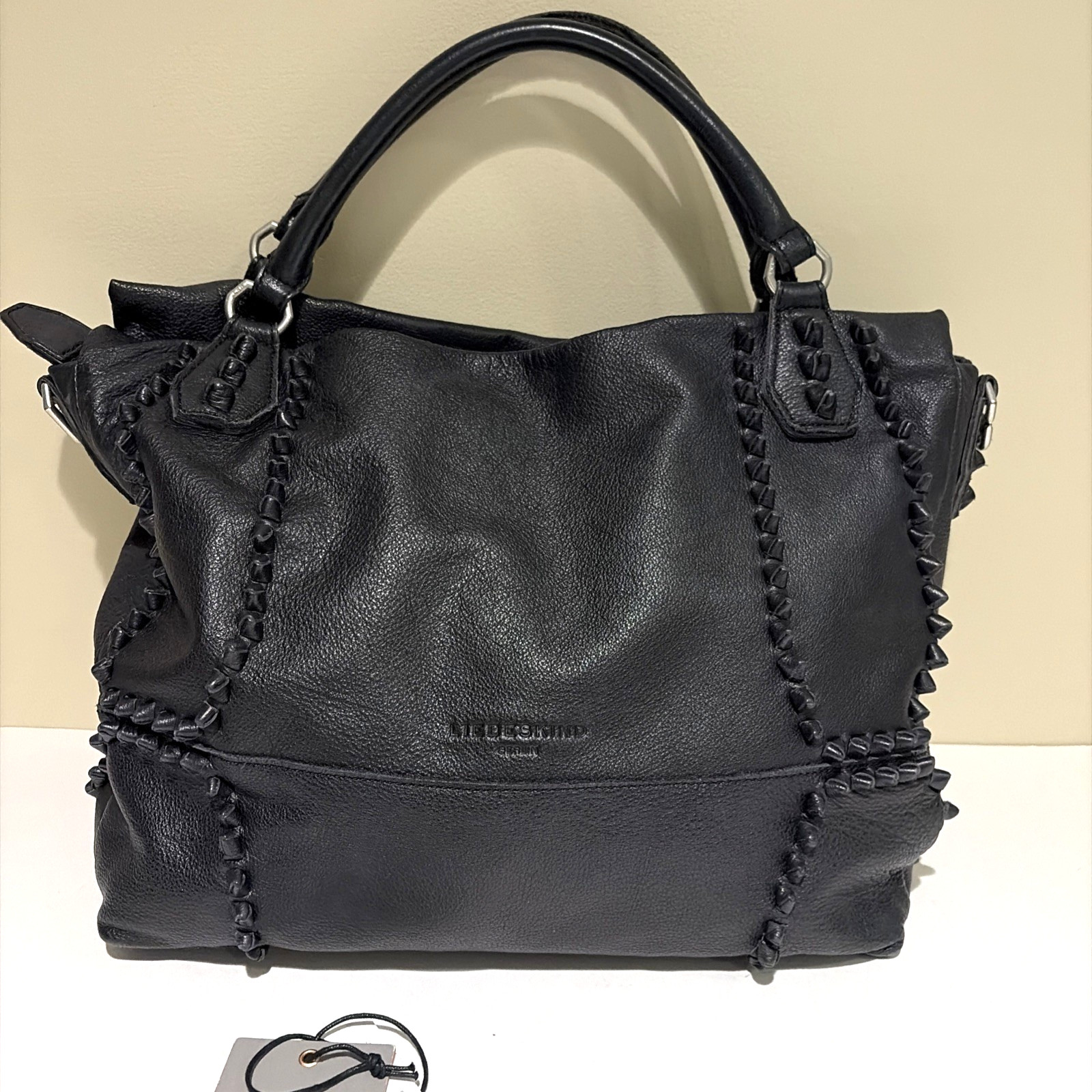 Liebeskind Berlin Black Pebbled Leather Tote Knotted Studs Double Handle Luxury
